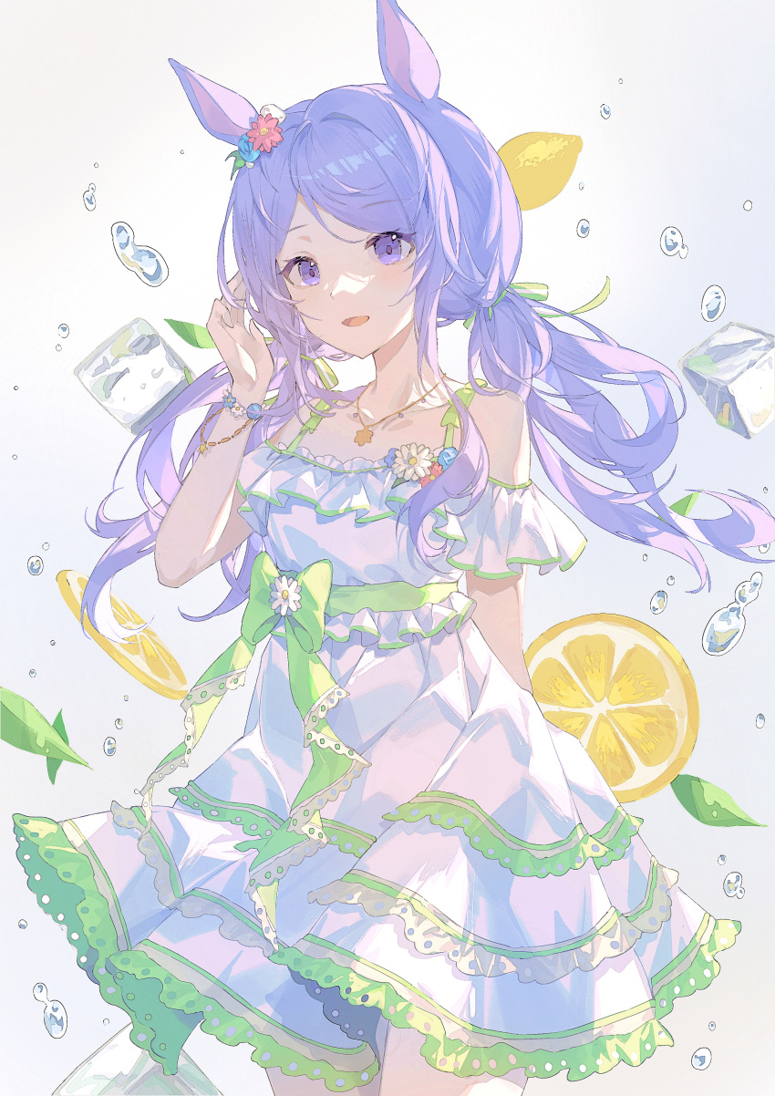 1girl absurdres animal_ears bangs bead_bracelet beads blush bow bracelet dress ear_flower flower food fruit hair_flower hair_ornament hair_ribbon hand_on_own_head highres horse_ears horse_girl ice ice_cube jewelry kiduki lace-trimmed_dress lace_trim lemon lemon_slice long_hair looking_at_viewer low_twintails mejiro_mcqueen_(ripple_fairlady)_(umamusume) mejiro_mcqueen_(umamusume) necklace off_shoulder open_mouth pendant purple_eyes purple_hair ribbon sash smile solo twintails umamusume water_drop