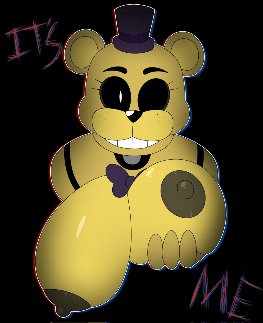 animatronic anthro areola bear big_breasts black_background black_sclera blakey bow_tie breast_grab breasts brown_areola brown_nipples clothing crossgender eyelashes female five_nights_at_freddy's freckles golden_freddy_(fnaf) hand_on_breast hat headgear headwear hi_res huge_breasts looking_at_viewer machine mammal nipples robot scottgames simple_background smile solo text top_hat white_eyes yellow_body