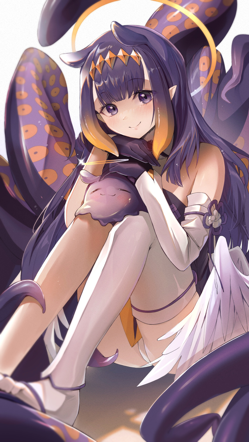 1girl absurdres alternate_eye_color blush dress gloves halo highres hololive hololive_english kurobi_(netisz) light_blush long_hair looking_at_viewer low_wings mole monster ninomae_ina'nis panties pointy_ears purple_eyes purple_hair sitting smile solo takodachi_(ninomae_ina'nis) tentacles thighhighs underwear white_thighhighs wings