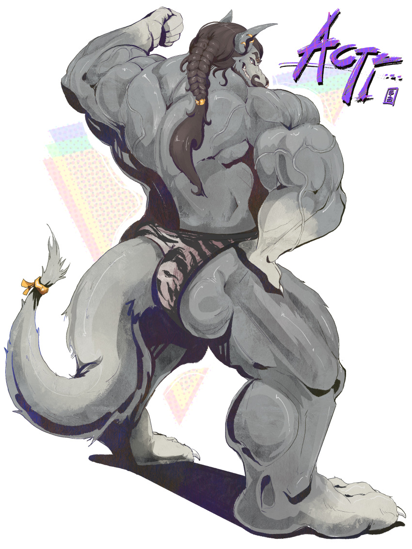 2021 3:4 absurd_res acti_(actinid5959) anthro barefoot bicep_curl big_muscles black_hair braided_hair braided_ponytail butt canid canine canis character_name feet fist full-length_portrait hair hand_on_hip hi_res huge_muscles looking_back male mammal muscular muscular_anthro muscular_male pinkgirlpen ponytail portrait rear_view simple_background solo standing tiger_striped_bikini vein veiny_muscles wolf