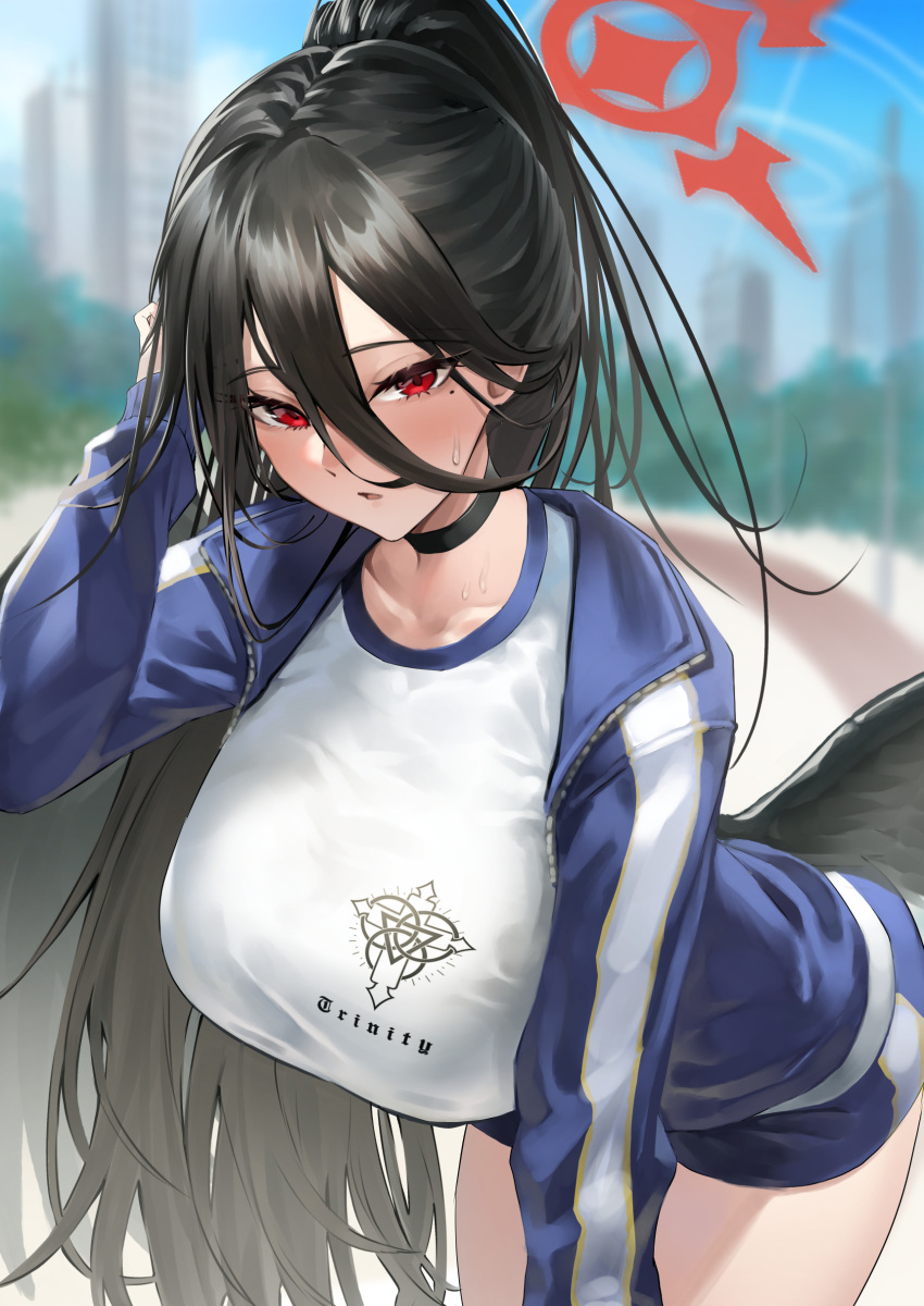 1girl absurdres black_choker black_hair blue_archive blue_jacket blue_shorts blue_sky blurry blurry_background breasts choker gym_uniform halo hand_in_own_hair hasumi_(blue_archive) hasumi_(gym_uniform)_(blue_archive) high_ponytail highres jacket large_breasts leaning_forward long_hair mitsukichi mole mole_under_eye official_alternate_costume parted_lips red_eyes shirt short_shorts shorts sky solo sweat thighs track_jacket very_long_hair white_shirt wings