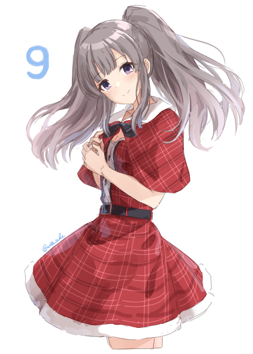 1girl belt belt_buckle blue_eyes breasts buckle capelet cleavage cowboy_shot dress fur-trimmed_capelet fur-trimmed_dress fur_trim grey_hair head_tilt highres idolmaster idolmaster_shiny_colors own_hands_together plaid red_capelet ribbon smile suke_(momijigari) twintails yukoku_kiriko