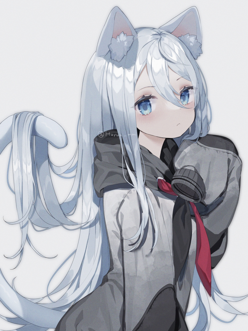 1girl absurdres animal_ear_fluff animal_ears black_hoodie black_neckerchief blue_eyes cat_ears cat_girl cat_tail closed_mouth commentary fuinagi_(huyuu_mm) hair_between_eyes hair_flowing_over highres hood hood_down hoodie kemonomimi_mode long_hair looking_at_viewer neckerchief project_sekai red_neckerchief simple_background sleeves_past_fingers sleeves_past_wrists solo tail two-tone_neckerchief very_long_hair white_background white_hair yoisaki_kanade