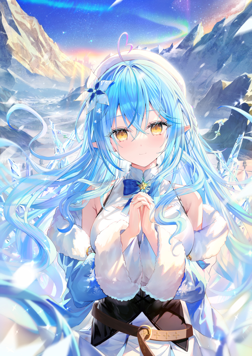 1girl ahoge aurora bare_shoulders belt blue_coat blue_hair blue_ribbon braid camisole coat corset flower hair_flower hair_ornament hat heart heart_ahoge highres hololive icicle light_smile long_hair looking_at_viewer mountain own_hands_together pointy_ears ribbon rin_yuu sky snow solo very_long_hair virtual_youtuber white_camisole yellow_eyes yukihana_lamy