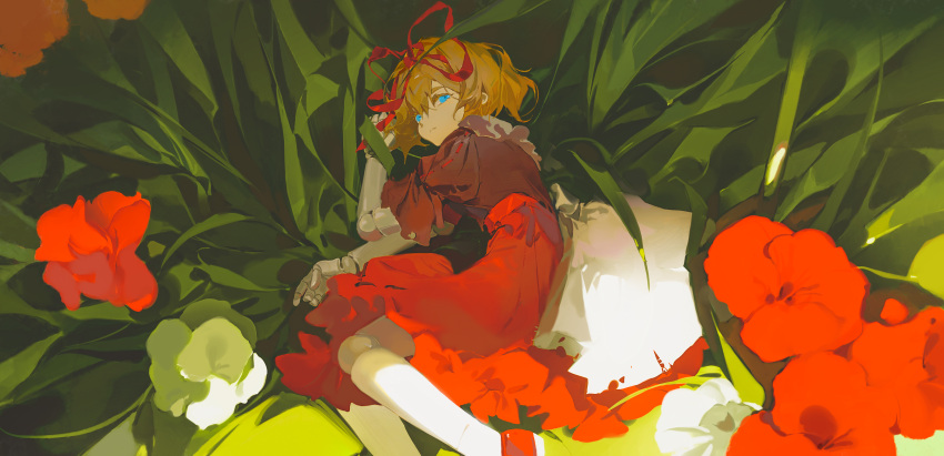 1girl black_shirt blonde_hair blue_eyes closed_mouth doll_joints flower frilled_skirt frills hair_ribbon highres huang_gua joints medicine_melancholy red_flower red_footwear red_ribbon red_skirt ribbon shirt shoes short_hair short_sleeves skirt solo touhou white_flower