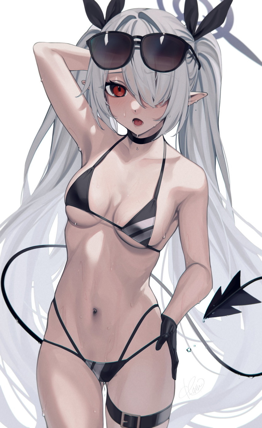 1girl absurdres arm_behind_head arm_up bangs bikini black_bikini black_gloves blue_archive breasts cowboy_shot demon_tail eyewear_on_head gloves grey_hair hair_over_one_eye hair_ribbon halo hand_on_hip highres iori_(blue_archive) iori_(swimsuit)_(blue_archive) long_hair looking_at_viewer medium_breasts navel official_alternate_costume open_mouth pointy_ears red_eyes rerrere ribbon signature simple_background solo standing stomach sunglasses swimsuit tail thigh_strap twintails very_long_hair wet white_background