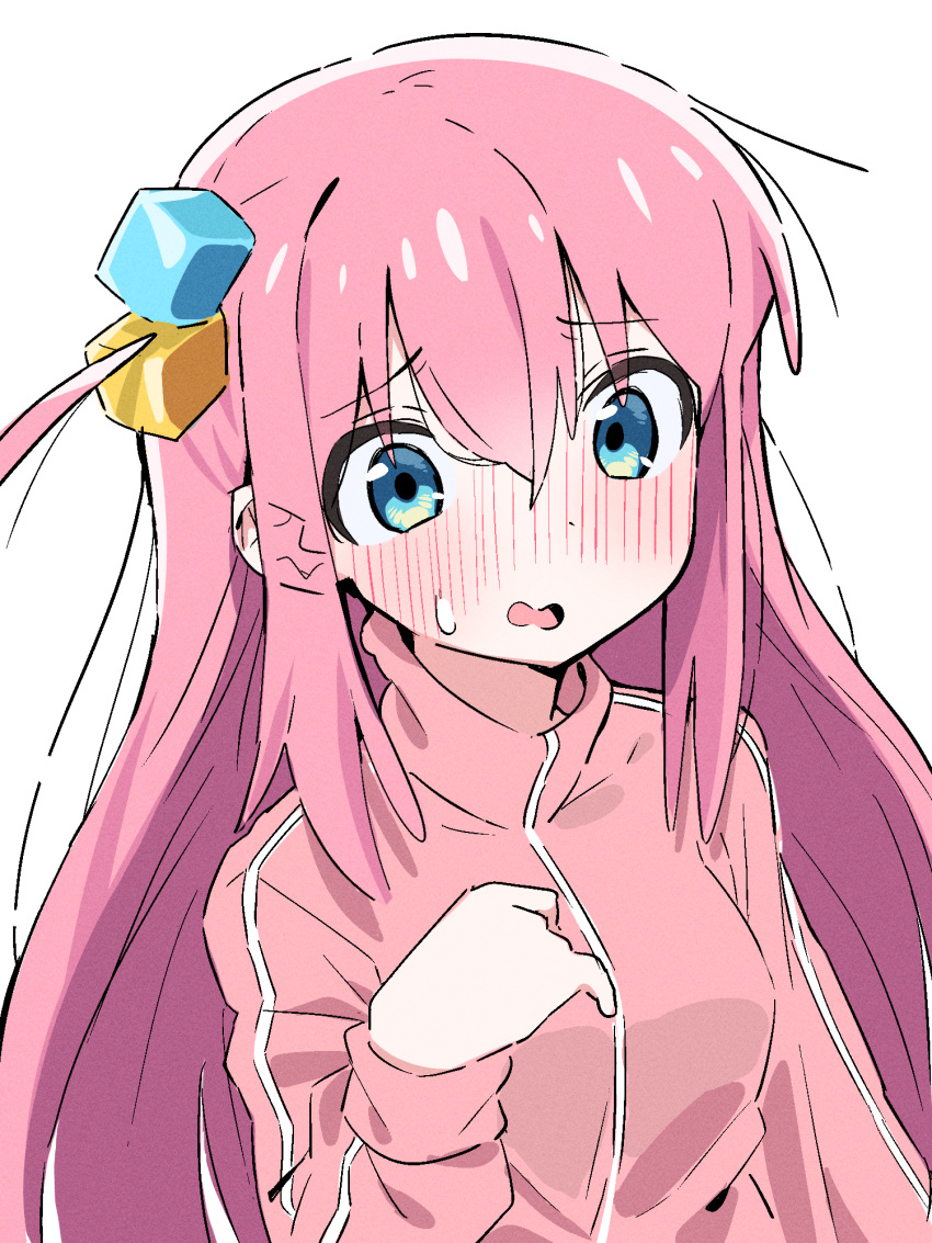 1girl bangs blue_eyes blush bocchi_the_rock! breasts cube_hair_ornament gotou_hitori hair_between_eyes hair_ornament hand_up highres jacket long_hair long_sleeves nose_blush one_side_up parted_lips pink_hair pink_jacket simple_background sleeves_past_wrists small_breasts solo sweat tosyeo track_jacket upper_body very_long_hair wavy_mouth white_background
