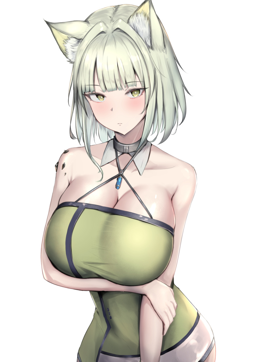 1girl absurdres animal_ear_fluff animal_ears arknights arm_under_breasts bare_shoulders blush breasts cat_ears cleavage closed_mouth collarbone dress green_dress grey_hair hair_intakes halter_dress halterneck highres kal'tsit_(arknights) large_breasts looking_at_viewer oripathy_lesion_(arknights) poni_(poni_arknights) short_hair simple_background sleeveless sleeveless_dress solo upper_body white_background yellow_eyes