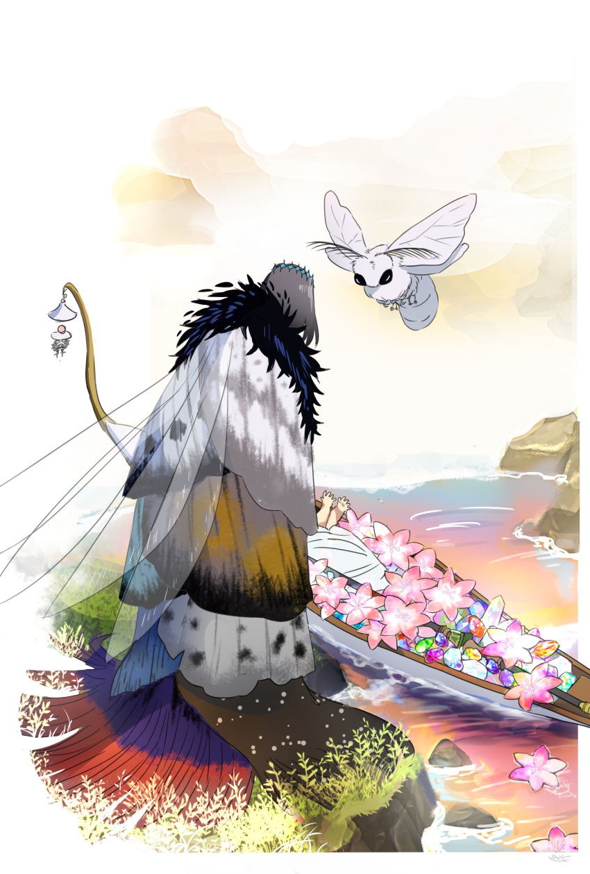 1boy 1girl aged_down artoria_caster_(fate) artoria_pendragon_(fate) baby black_hair blanca_(fate) bug cloak commentary covered_face crystal diamond_hairband dragonfly_wings english_commentary facing_away fate/grand_order fate_(series) flower full_body fur-trimmed_cloak fur_trim gem gondola grass grey_cloak highres insect_wings layered_clothes looking_at_another medium_hair moth oberon_(fate) oberon_(third_ascension)_(fate) outside_border pink_flower pirohi_(pirohi214) rock staff standing water wings