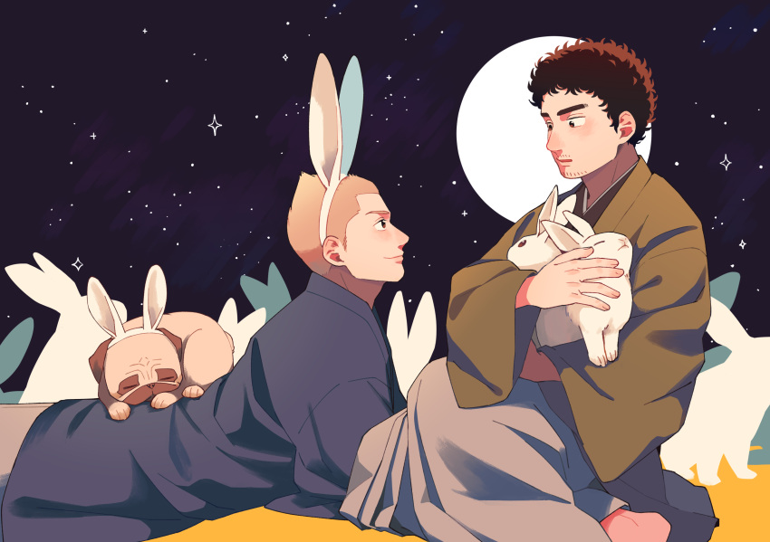 2boys absurdres animal animal_ears apo_(uchuu_kyoudai) black_eyes black_hair brothers brown_hair brown_kimono eye_contact facial_hair fake_animal_ears highres holding holding_animal japanese_clothes kani6850 kimono looking_at_another lying male_focus moon multiple_boys nanba_hibito nanba_mutta on_stomach outdoors rabbit short_hair siblings sitting sky space star_(sky) starry_sky stubble uchuu_kyoudai yaoi