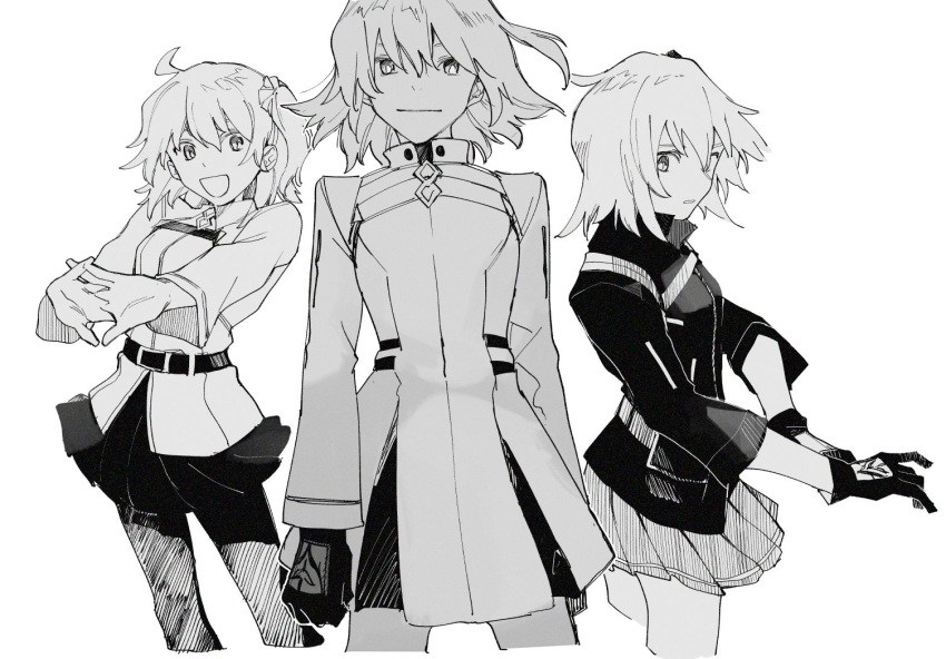 3girls :d adjusting_clothes adjusting_gloves ahoge belt belt_buckle buckle chaldea_uniform clenched_hands collared_shirt command_spell cowboy_shot dress fate/grand_order fate_(series) fujimaru_ritsuka_(female) fujimaru_ritsuka_(female)_(decisive_battle_chaldea_uniform) fujimaru_ritsuka_(female)_(polar_chaldea_uniform) gloves greyscale hair_between_eyes hair_ornament hair_scrunchie kitada light_smile looking_at_viewer medium_hair monochrome multiple_girls multiple_persona one_side_up pantyhose parted_lips pleated_skirt popped_collar scrunchie shirt simple_background skirt smile stretching white_background