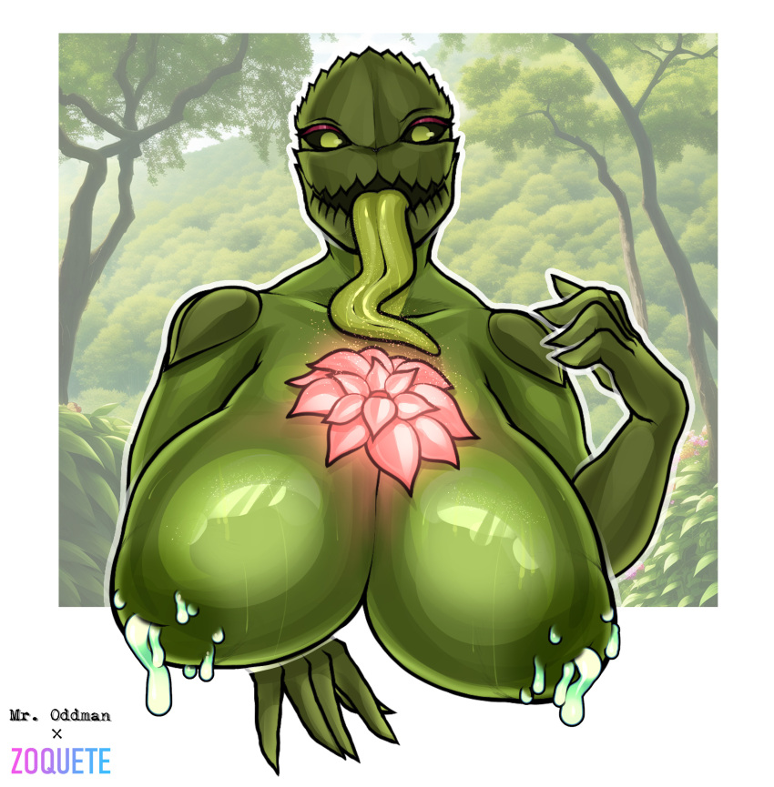 absurd_res big_breasts bodily_fluids border_break breasts elemental_creature elemental_humanoid female feuille_rosehsip_(mr_oddman) flora_fauna flower flower_(anatomy) flower_creature hi_res humanoid lactating mr_oddman muscular muscular_female outside plant plant_humanoid tongue tongue_out zoquete