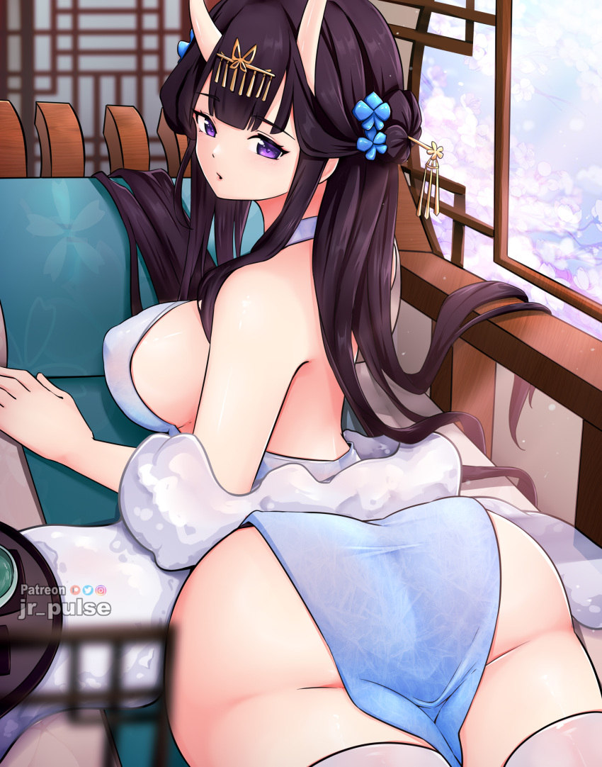 1girl absurdres artist_name ass azur_lane black_hair breasts check_commentary china_dress chinese_clothes commentary_request dress from_behind fur_shawl hair_bun hair_ornament hairpin highres horns jrpulse large_breasts long_hair looking_at_viewer looking_back noshiro_(azur_lane) noshiro_(fragrance_of_the_eastern_snow)_(azur_lane) oni_horns purple_eyes shawl sideboob sleeveless sleeveless_dress window