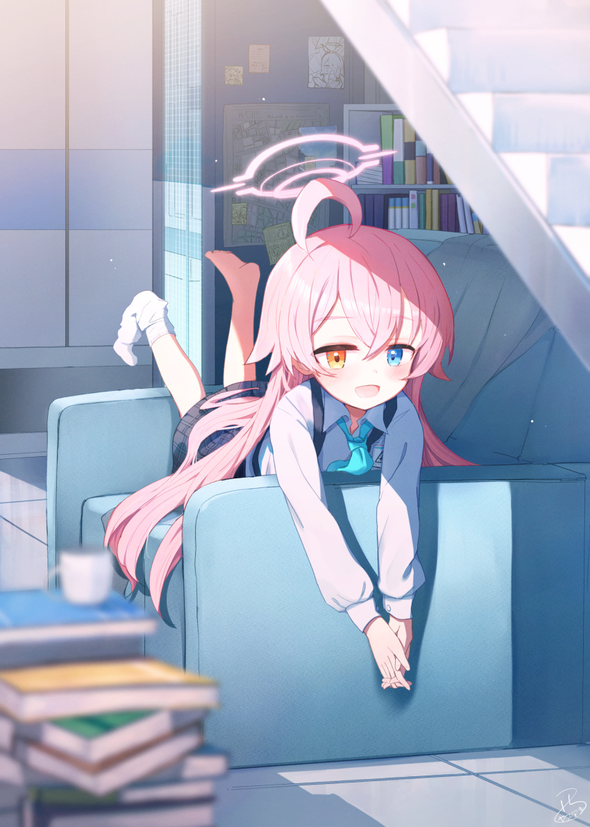 1girl ahoge architecture arona_(blue_archive) bangs blue_archive blue_eyes blue_necktie blurry blush book book_stack bookshelf collared_shirt commentary_request couch cup depth_of_field grey_skirt hair_between_eyes hair_spread_out halo heterochromia highres hoshino_(blue_archive) legs_up light_rays long_hair long_sleeves looking_at_viewer lying necktie nishi_yasuaki on_couch on_stomach open_mouth pink_hair pleated_skirt poster_(object) shirt single_sock skirt smile socks solo stairs teacup white_shirt yellow_eyes