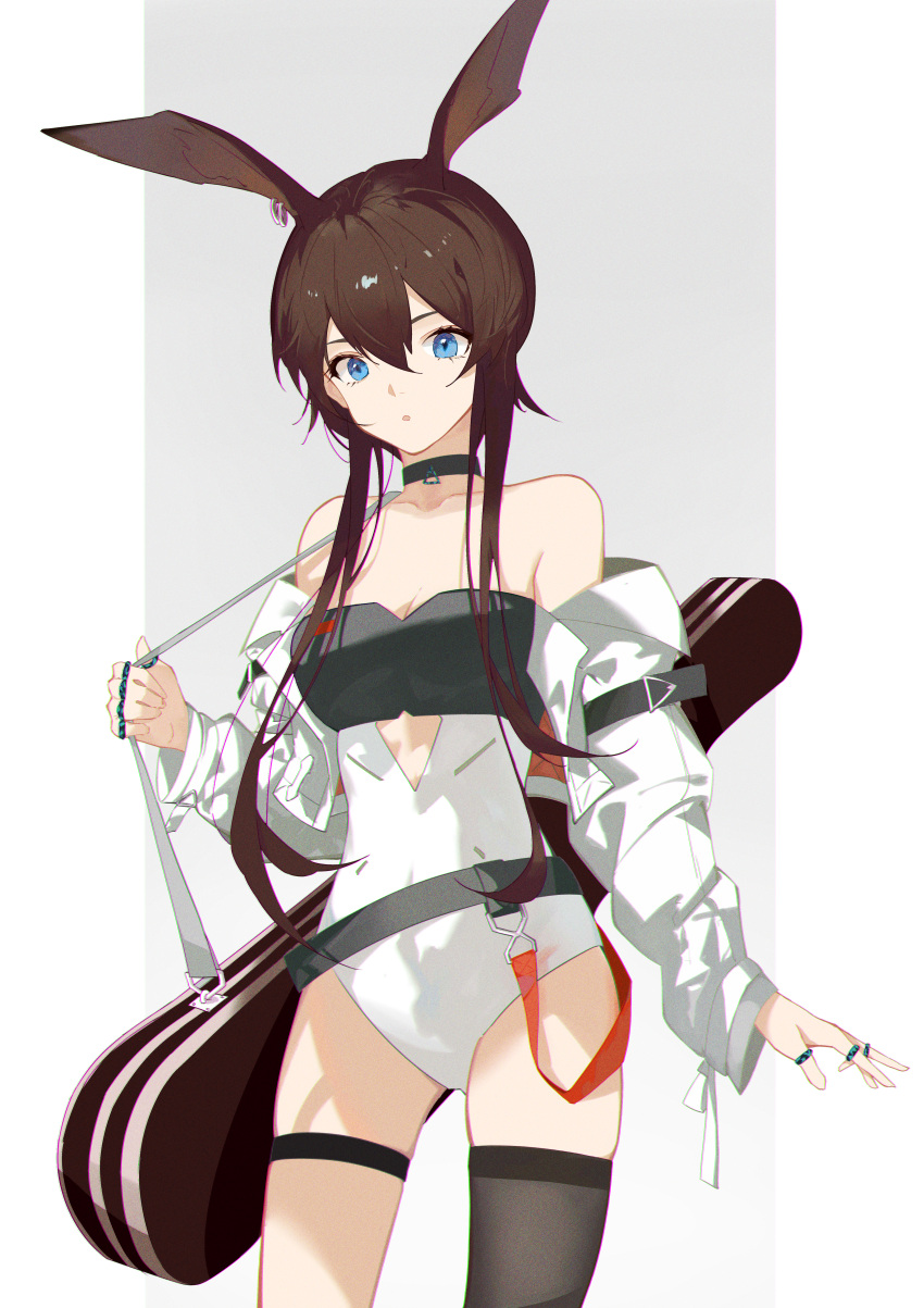 1girl :o absurdres alternate_costume amiya_(arknights) animal_ears arknights bangs bare_shoulders belt black_choker black_thighhighs blue_eyes breasts brown_hair choker cleavage collarbone commentary_request cowboy_shot grey_background highres instrument_case jacket jewelry leotard long_sleeves looking_at_viewer multiple_rings off_shoulder open_clothes open_jacket parted_lips rabbit_ears ring shiguangbai short_hair_with_long_locks sidelocks single_thighhigh small_breasts solo strapless strapless_leotard thigh_strap thighhighs two-tone_background white_jacket white_leotard