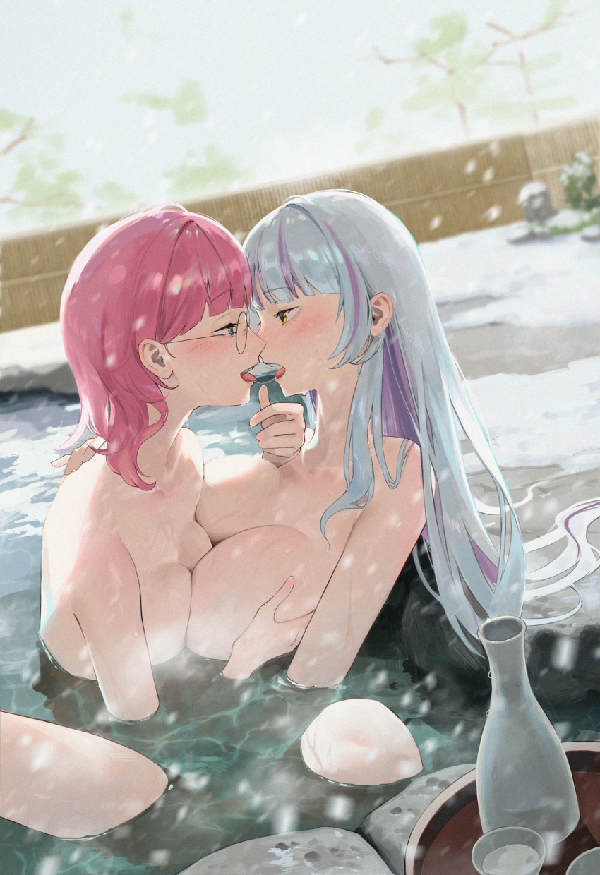 2girls absurdres alcohol asymmetrical_docking bathing blue_eyes blue_hair blush bodiedwile breast_grab breast_press breasts cleavage commission completely_nude french_kiss from_side glasses grabbing highres hug kiss large_breasts long_hair looking_at_another multicolored_hair multiple_girls nude onsen original outdoors pink_hair profile purple_hair sake snow streaked_hair tongue tongue_out water yellow_eyes yuri