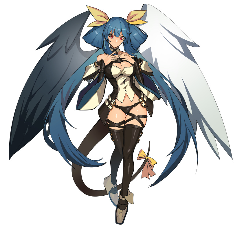 1girl angel_wings asymmetrical_wings bangs belt black_panties black_thighhighs blue_hair breasts choker cleavage closed_mouth commission detached_collar detached_sleeves distr dizzy_(guilty_gear) full_body guilty_gear guilty_gear_xrd hair_between_eyes hair_ribbon hair_rings highres large_breasts long_hair looking_at_viewer mature_female monster_girl non-web_source panties red_eyes ribbon sidelocks simple_background smile solo strap tail tail_ornament tail_ribbon thick_thighs thigh_gap thigh_strap thighhighs thighs twintails underwear white_background wide_sleeves wings yellow_ribbon