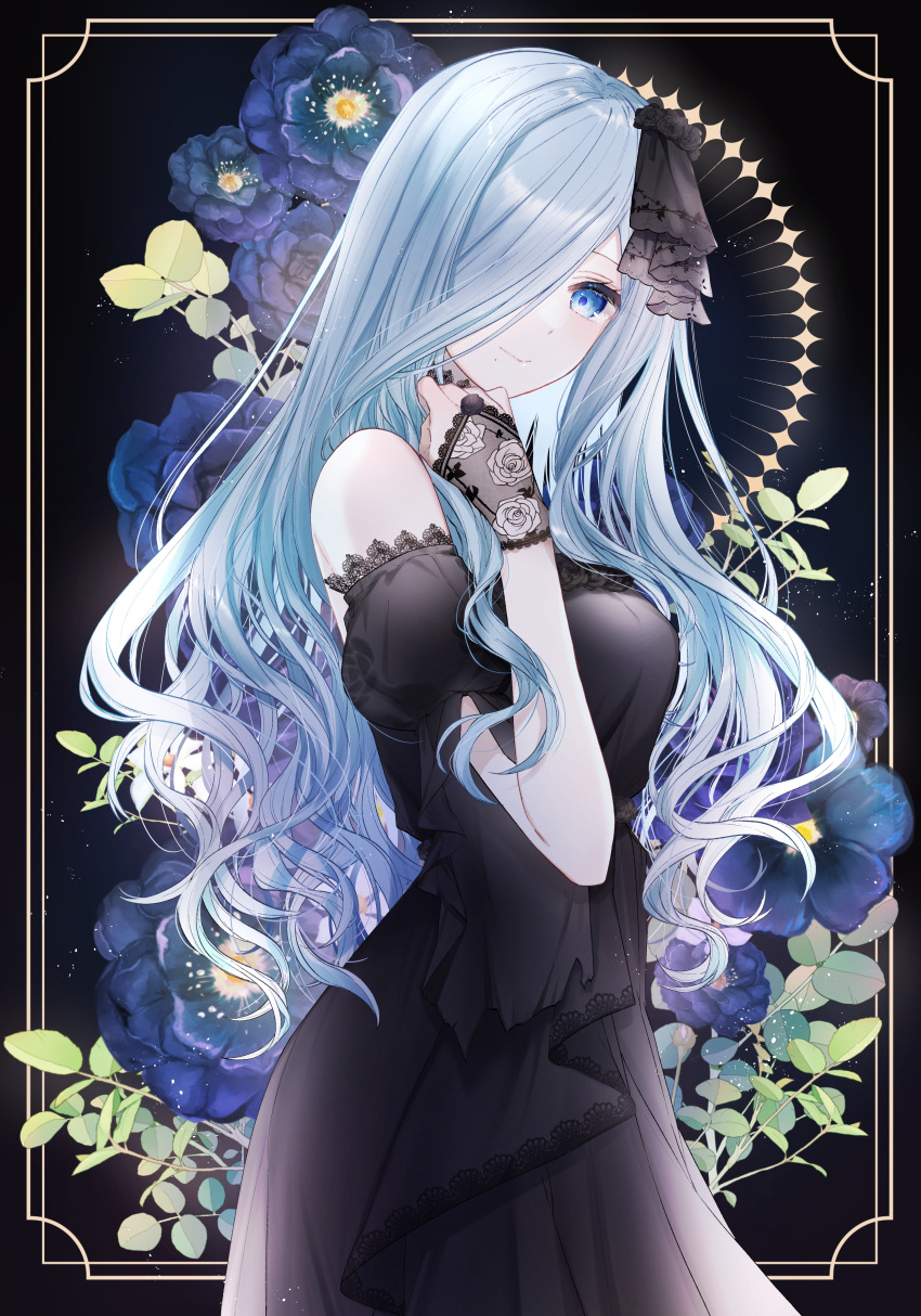 1girl absurdres black_dress black_flower blue_eyes closed_mouth cowboy_shot dress floating_hair flower framed grey_hair hair_over_one_eye highres hinomori_shizuku long_hair looking_at_viewer mairu003 off-shoulder_dress off_shoulder project_sekai shiny shiny_hair smile solo standing very_long_hair