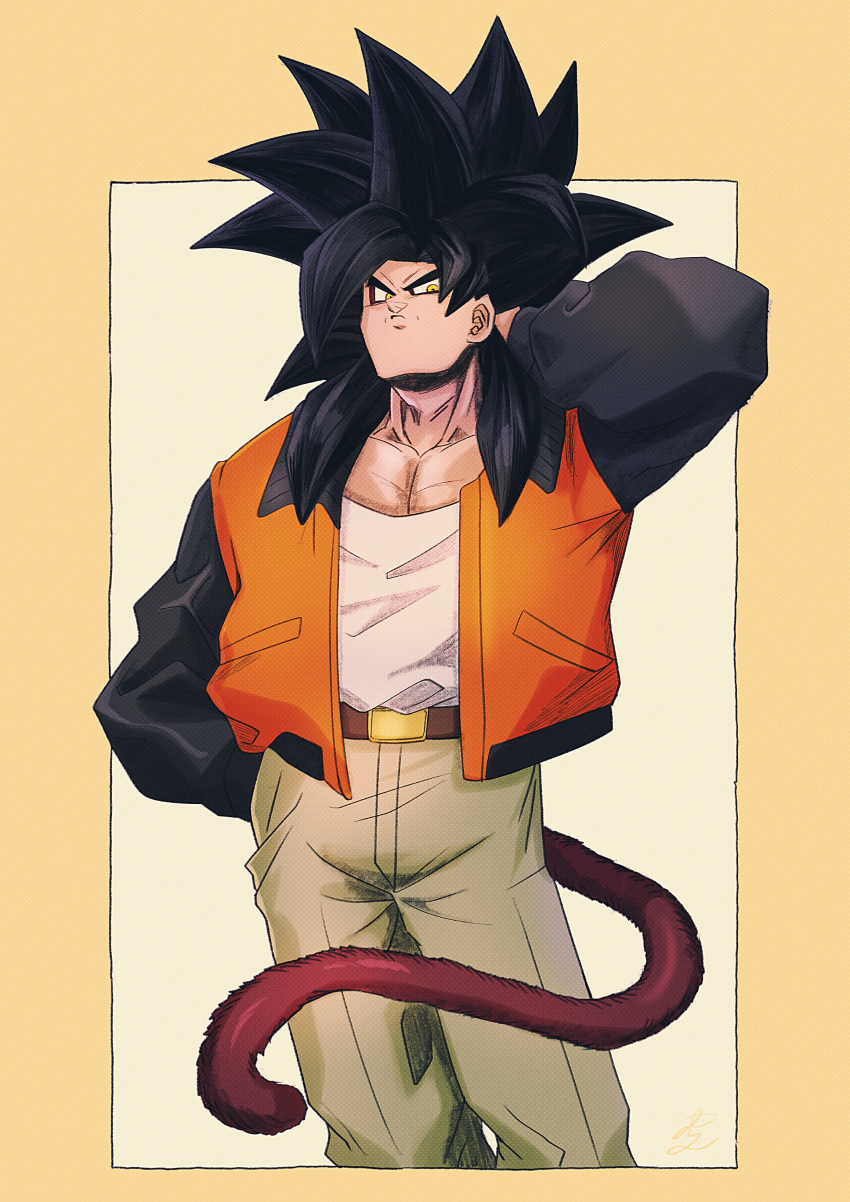 1boy absurdres belt brown_belt collarbone cowboy_shot dragon_ball dragon_ball_gt green_pants hair_behind_ear highres jacket letterman_jacket male_focus monkey_boy monkey_tail muscular muscular_male orange_jacket pants pectoral_cleavage pectorals red_fur shirt shirt_tucked_in solo son_goku super_saiyan super_saiyan_4 tail white_background white_shirt yellow_eyes yuuri_(fukuroudou)