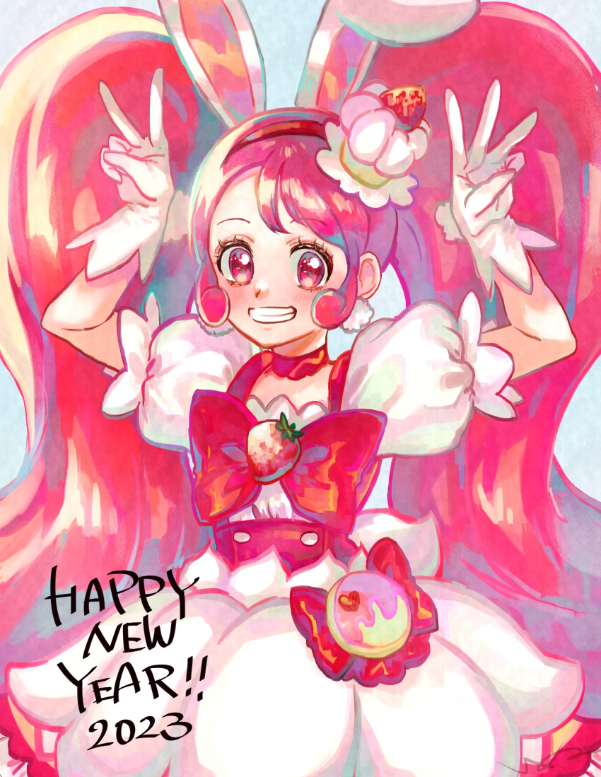 1girl 2023 bangs cake_hair_ornament choker cure_whip earrings english_commentary food-themed_hair_ornament food-themed_ornament fruit_brooch gloves grin hair_ornament happy_new_year headband highres jewelry kirakira_precure_a_la_mode long_hair macaron_hair_ornament magical_girl pink_choker pink_eyes pink_hair pom_pom_(clothes) pom_pom_earrings pouch precure smile solo twintails usami_ichika v white_gloves yuki_inu