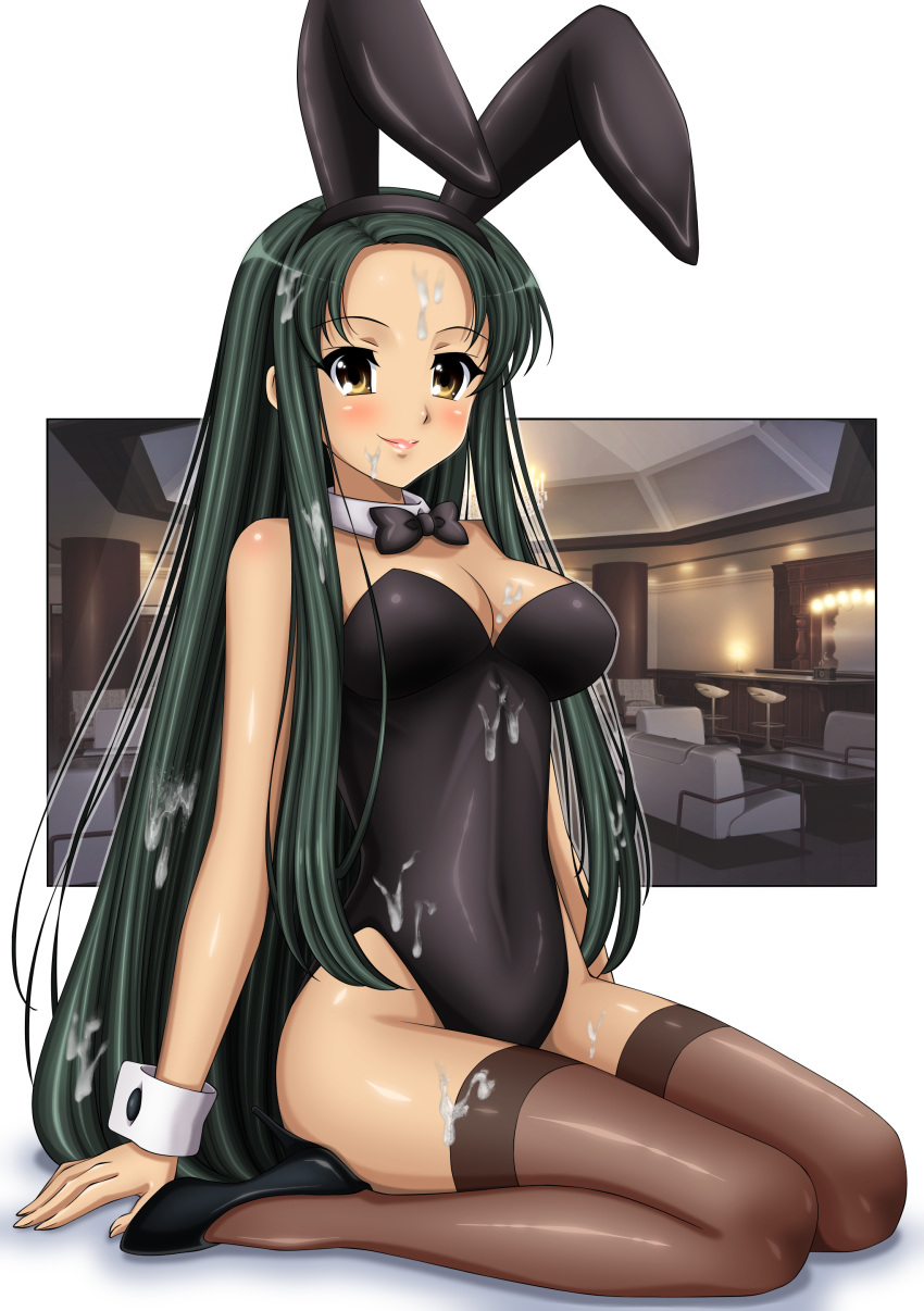 1girl absurdres alternate_costume animal_ears black_bow black_bowtie black_footwear black_hairband black_leotard bow bowtie breasts brown_thighhighs closed_mouth commentary_request cosplay couch cum cum_on_body cum_on_breasts cum_on_clothes cum_on_hair detached_collar facial fake_animal_ears forehead full_body green_hair gurobeya hairband high_heels highres indoors large_breasts leotard lips long_hair looking_at_viewer over-kneehighs playboy_bunny rabbit_ears revealing_clothes seiza shadow simple_background sitting smile solo suzumiya_haruhi_no_yuuutsu thighhighs tsuruya very_long_hair white_background wrist_cuffs