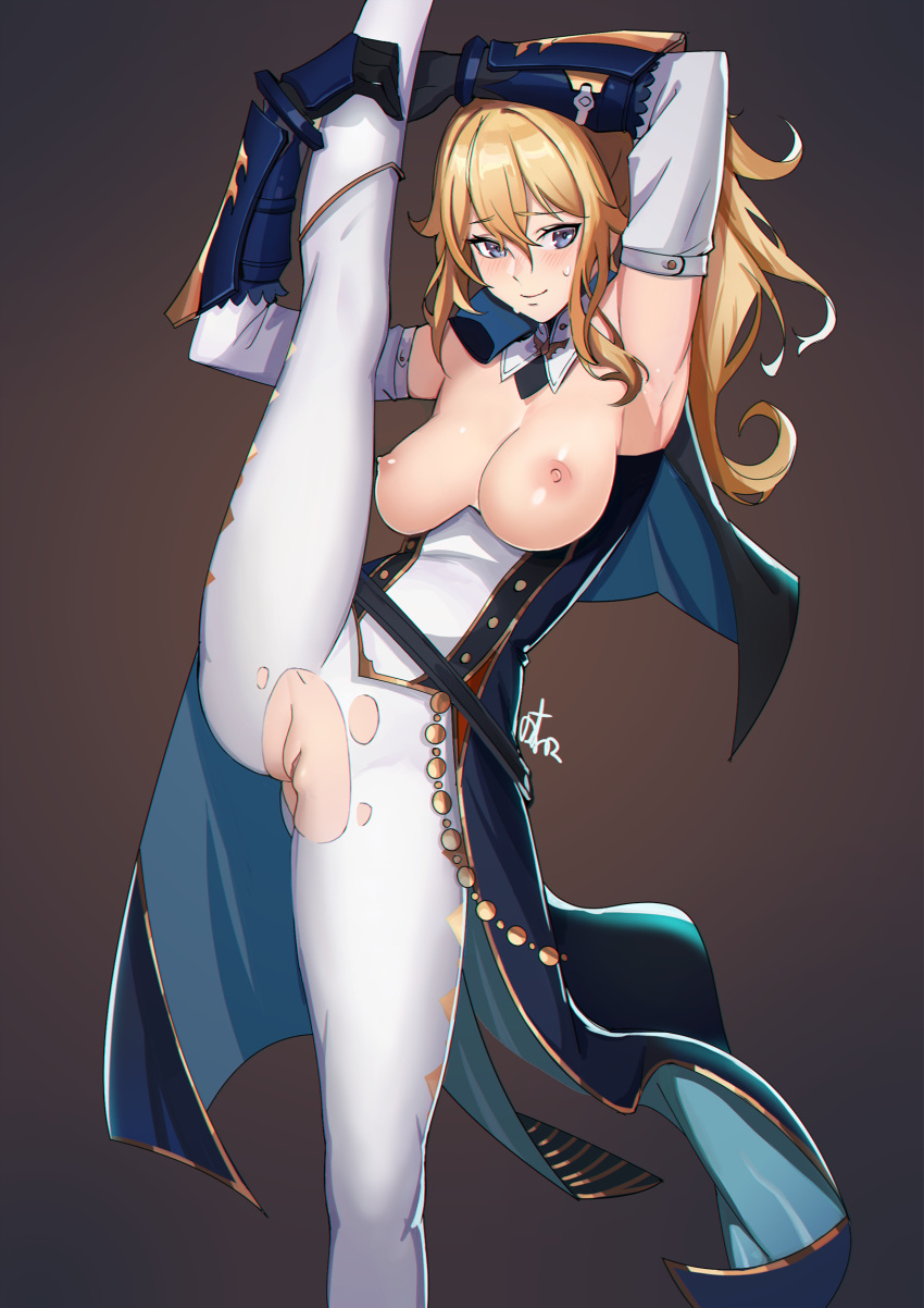 1girl arm_up armpits black_gloves blonde_hair blue_capelet blue_eyes blush breasts breasts_out brown_background capelet clitoral_hood closed_mouth coattails cowboy_shot detached_collar detached_sleeves distr genshin_impact gloves hair_between_eyes highres jean_(genshin_impact) looking_at_viewer medium_breasts medium_hair nipples no_panties non-web_source pants ponytail smile solo split standing standing_on_one_leg standing_split sweat sweatdrop tight tight_pants torn_clothes torn_pants uncensored vambraces white_pants