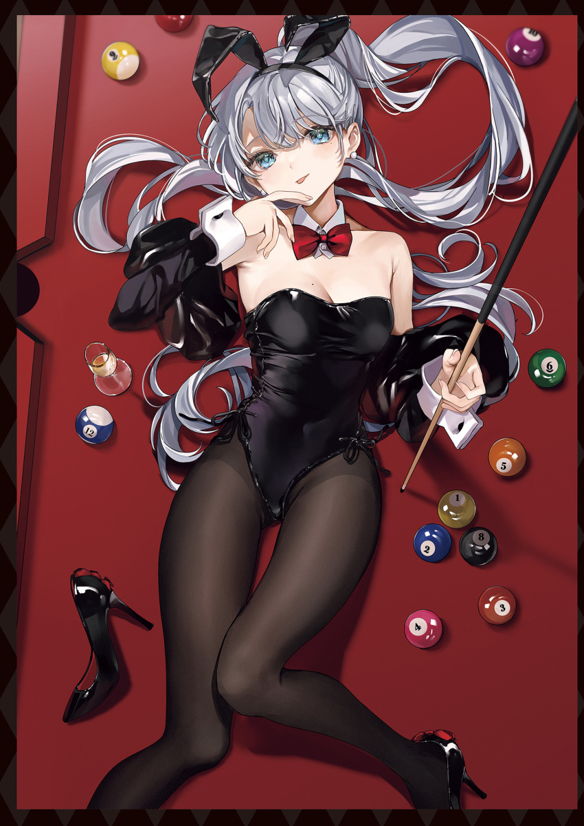 1girl animal_ears armpits ball bare_shoulders billiard_ball billiards black_footwear black_hairband black_leotard blue_eyes bow bowtie breasts brown_pantyhose closed_mouth covered_navel cue_stick cup detached_collar detached_sleeves drinking_glass fake_animal_ears finger_to_mouth grey_hair hairband hand_up high_heels highleg highleg_leotard highres holding latex legs leotard light_smile long_hair long_sleeves looking_at_viewer lying mikanoisi mole mole_on_breast on_back on_table original pantyhose playboy_bunny ponytail pool_table rabbit_ears shoe_removed small_breasts solo strapless strapless_leotard table thighs tongue tongue_out very_long_hair wine_glass wrist_cuffs