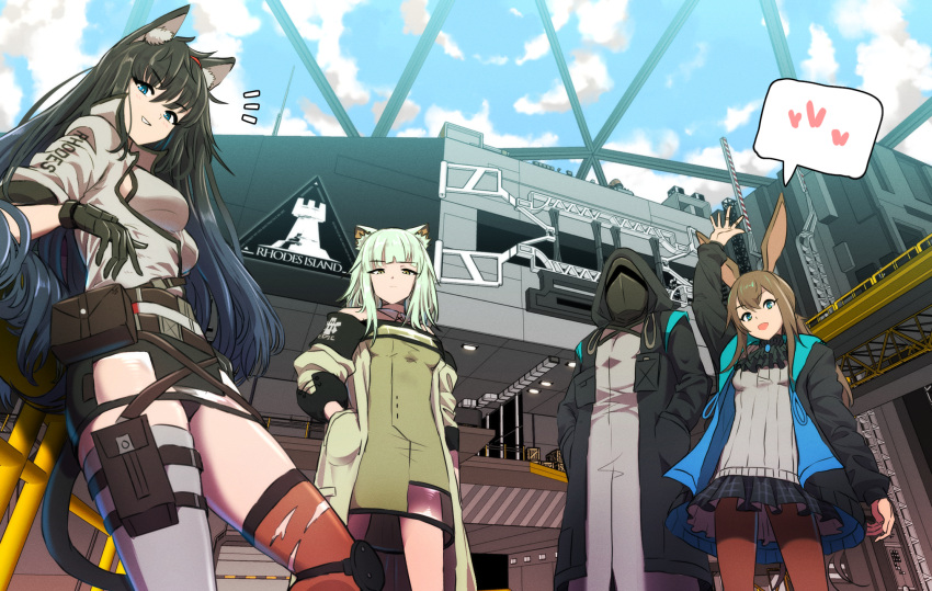1other 3girls :d amiya_(arknights) animal_ear_fluff animal_ears arknights arm_at_side arm_up asymmetrical_legwear belt belt_pouch black_coat black_gloves black_hair black_panties black_skirt blaze_(arknights) blue_eyes blue_hair blue_sky breasts brown_pantyhose building cat_ears cat_girl cat_tail closed_mouth coat day doctor_(arknights) dress expressionless facing_viewer gloves gradient_hair green_dress grey_hair grey_shirt grey_thighhighs hairband hand_in_pocket hands_in_pockets heart highres hood hood_up hooded_coat jacket kal'tsit_(arknights) large_breasts looking_at_viewer mask medium_breasts miniskirt mismatched_legwear multicolored_hair multiple_girls open_clothes open_coat open_jacket open_mouth outdoors panties pantyhose pantyshot parted_lips pouch rabbit_ears red_hairband red_thighhighs rhodes_island_logo samacho see-through shirt short_hair skirt sky smile speech_bubble spoken_heart tail tank_top thighhighs torn_clothes torn_thighhighs underwear upskirt waving white_jacket
