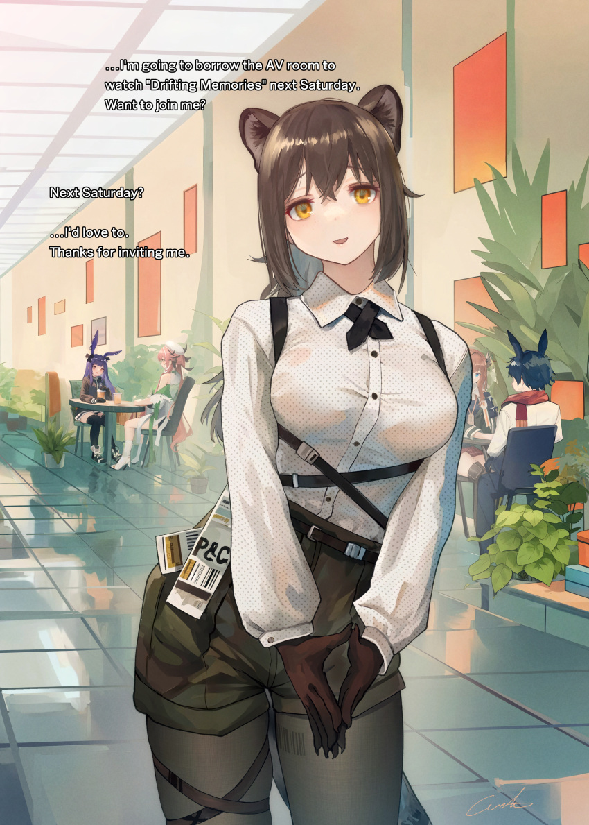 1boy 4girls :d absurdres animal_ears arknights bagpipe_(arknights) black_pantyhose black_shorts black_skin breasts brown_hair collared_shirt colored_skin courier_(arknights) cowboy_shot english_text erato_(arknights) highres indoors large_breasts long_hair long_sleeves looking_at_viewer multiple_girls open_mouth orange_eyes own_hands_together pantyhose pantyhose_under_shorts plant ponytail potted_plant raccoon_ears raccoon_girl raccoon_tail robin_(arknights) rope_(arknights) shirt shorts signature smile solo_focus tail tile_floor tiles v_arms welt_(kinsei_koutenkyoku) white_shirt