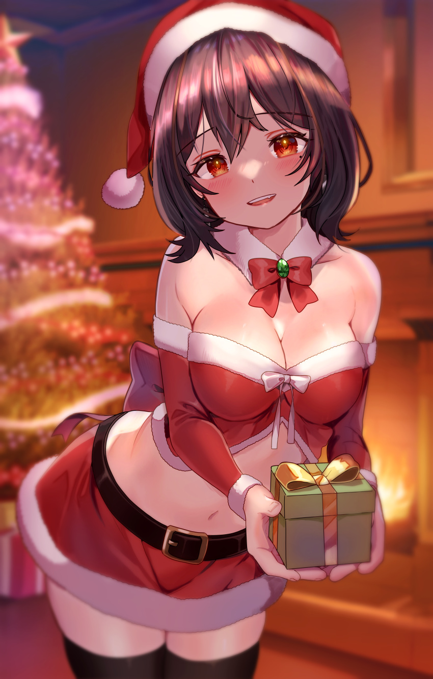 1girl :d absurdres belt belt_buckle black_belt black_thighhighs blue_eyes blush bow bowtie box breasts brown_hair buckle christmas_tree cleavage collarbone commission cowboy_shot crop_top detached_sleeves fur-trimmed_headwear fur-trimmed_skirt fur-trimmed_sleeves fur_trim gift gift_box hair_between_eyes hat highres kuro-ko long_hair long_sleeves looking_at_viewer medium_breasts midriff miniskirt mole mole_under_eye navel open_mouth original pixiv_commission red_eyes red_headwear red_skirt red_sleeves santa_costume santa_hat shiny shiny_hair skirt smile solo standing stomach strapless thighhighs zettai_ryouiki