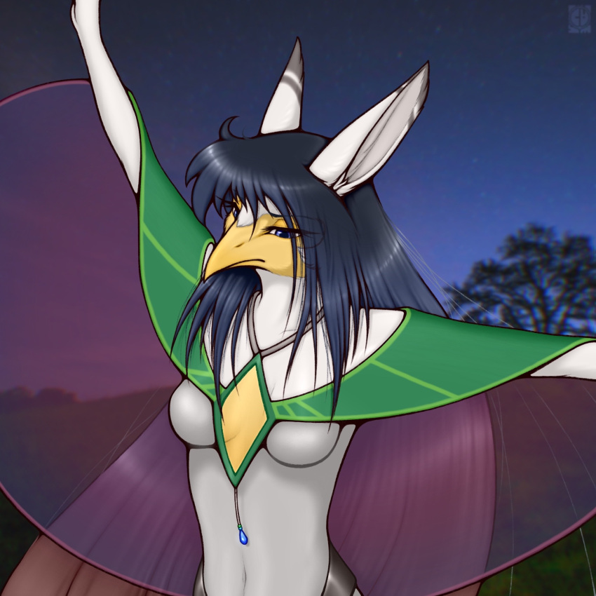 anthro avian beak bird black_hair blue_eyes breasts clothed clothing crocodiler_owen eyelashes female hair hi_res long_hair night outside partially_clothed plant solo topwear tree white_body