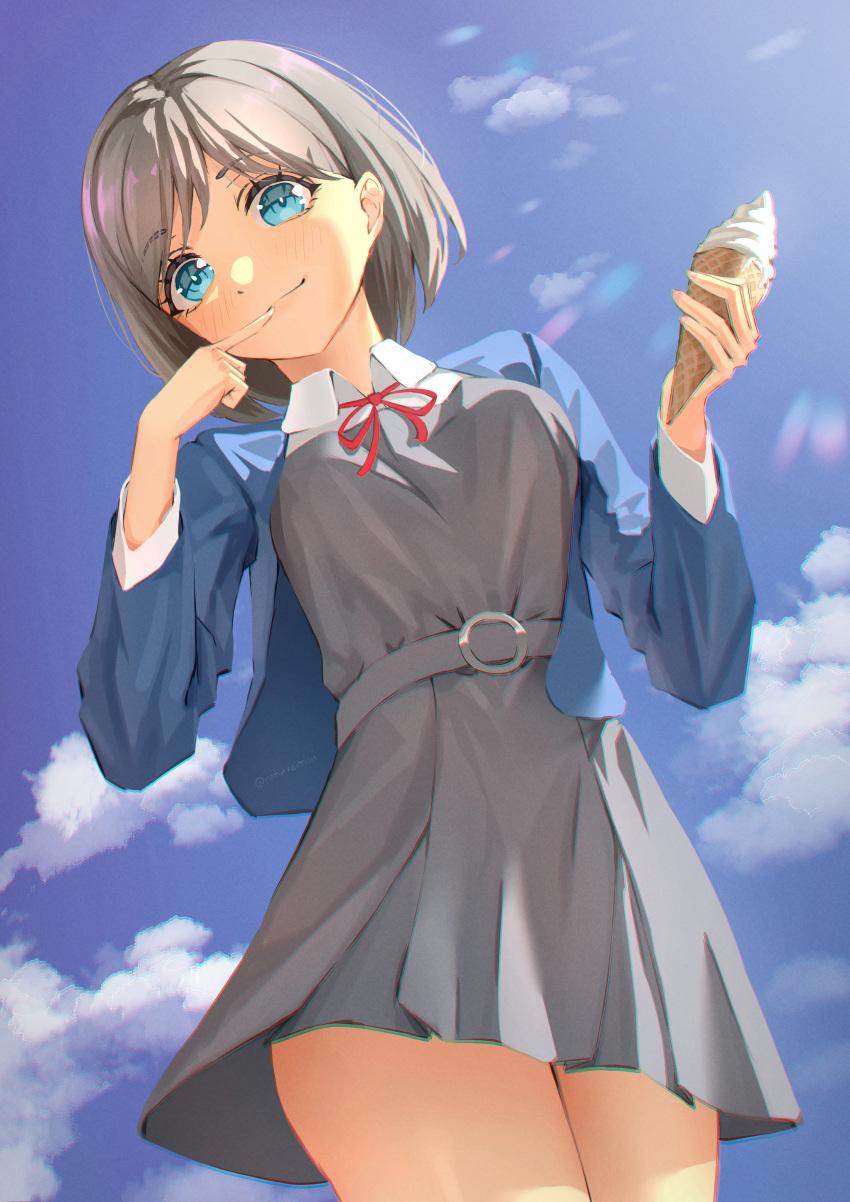 1girl :3 absurdres blue_eyes blue_jacket blue_sky closed_mouth cloud cowboy_shot day dress finger_to_mouth grey_dress grey_hair highres jacket long_sleeves looking_at_viewer love_live! love_live!_superstar!! medium_hair neck_ribbon notinversion open_clothes open_jacket outdoors pinafore_dress pleated_dress red_ribbon ribbon school_uniform shiny shiny_hair short_dress sky smile solo standing straight_hair tang_keke wing_collar yuigaoka_school_uniform
