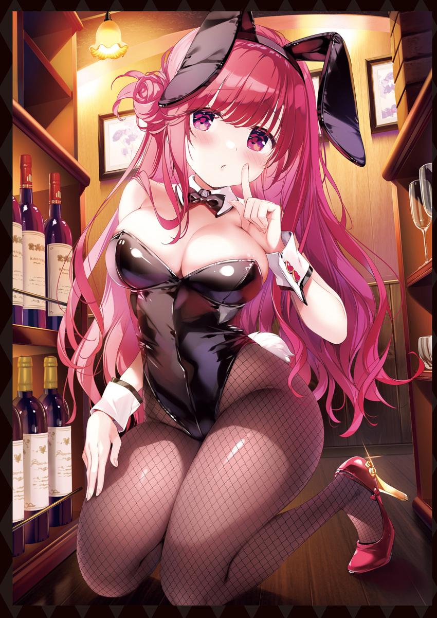 1girl animal_ears bare_shoulders black_hairband black_leotard bottle bow bowtie breasts brown_pantyhose cleavage detached_collar fake_animal_ears fake_tail fishnet_pantyhose fishnets hair_bun hairband hand_on_own_thigh hand_up high_heels highleg highleg_leotard highres index_finger_raised kimishima_ao kneeling large_breasts latex leotard long_hair looking_at_viewer original pantyhose parted_lips purple_eyes rabbit_ears rabbit_tail red_footwear red_hair single_side_bun solo strapless strapless_leotard tail thighs very_long_hair wine_bottle wrist_cuffs