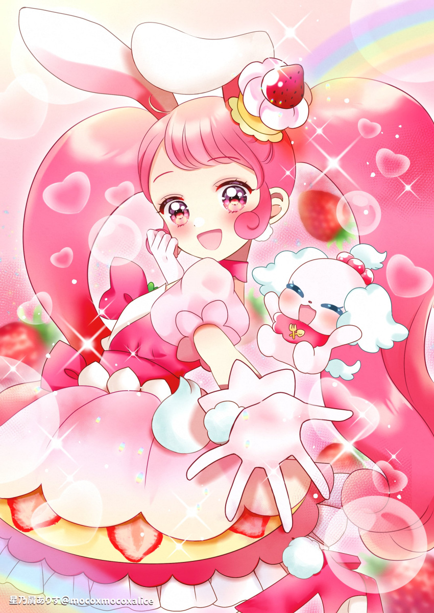 absurdres animal_ears cake_hair_ornament choker cure_whip dress earrings food food-themed_hair_ornament food-themed_ornament gradient gradient_background hair_ornament highres hoshinokuzu_alice jewelry long_hair looking_at_viewer looking_back magical_girl open_mouth pekorin_(precure) pink_background pink_choker pink_dress pink_eyes pink_hair pom_pom_(clothes) pom_pom_earrings precure puffy_sleeves rabbit rabbit_ears rainbow smile strawberry_shortcake twintails usami_ichika whip whipped_cream