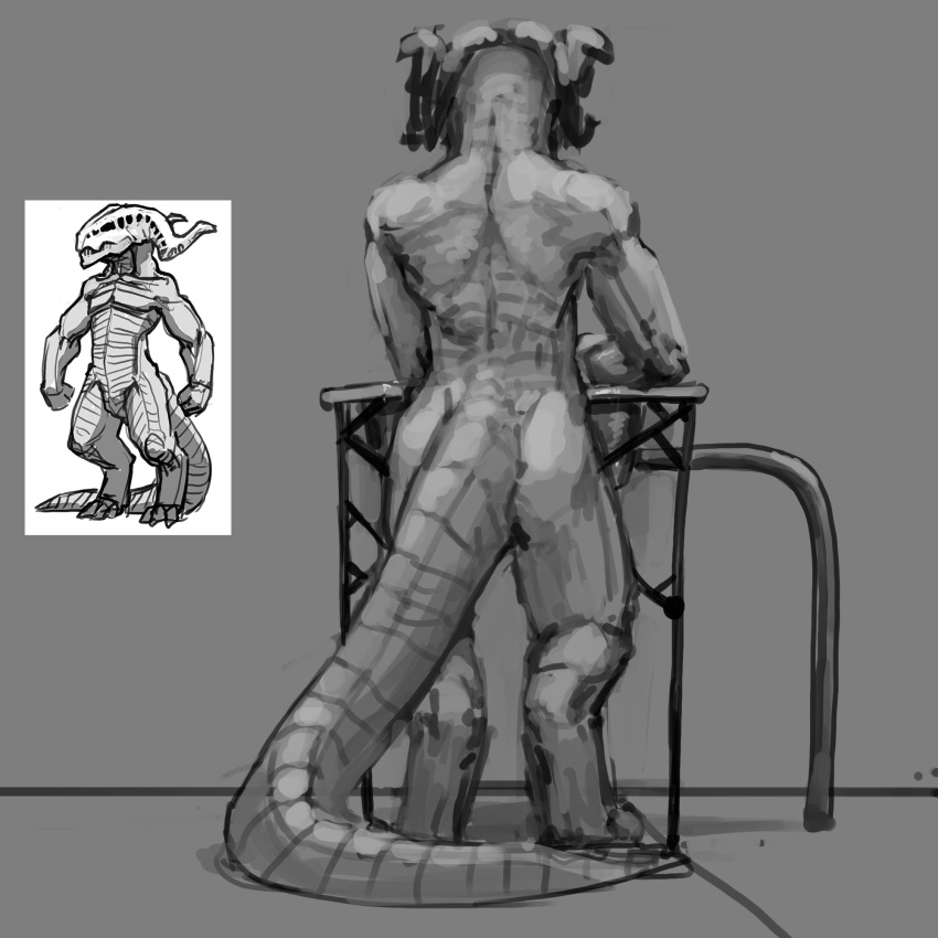 alien ambiguous_gender butt digitigrade hi_res horn humanoid meandraco monochrome monster muscular norakhu not_furry solo standing tail thick_tail