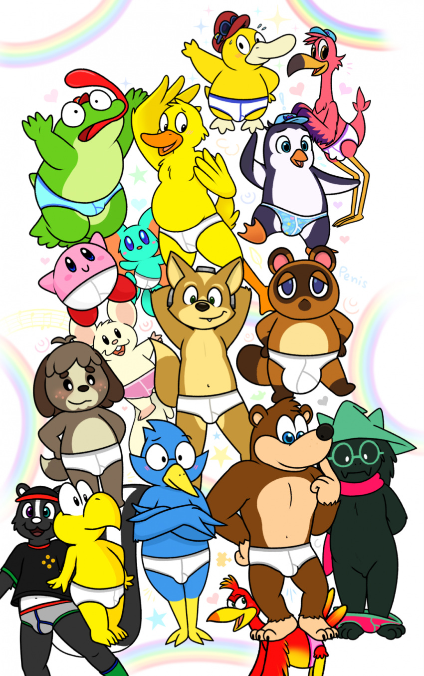 &lt;3 1:1 ambiguous_gender anatid animal_crossing anseriform anthro armor arms_stretched avian banjo-kazooie banjo_(banjo-kazooie) barefoot beak bear berdly big_bulge bird black_body black_clothing black_feathers black_fur black_hat black_headwear black_shirt black_t-shirt black_topwear blue_body blue_briefs blue_clothing blue_eyes blue_feathers blue_hat blue_headwear blue_seam_briefs blue_seam_socks blue_seam_underwear blue_underwear blush bodily_fluids bovid bovine briefs briefs_only brown_body brown_fur buckteeth bulge buttons_(nishi_oxnard) canid canine canis cattle clothed clothing colored_edge_panties colored_seam_briefs colored_seam_underwear cricetid daddy_duck deltarune detailed_background detailed_bulge digby_(animal_crossing) domestic_dog duck elfilin english_text exclamation_point eyewear feathers feet female flamingo footwear fox fox_mccloud freckles freddy_(t.o.t.s) fur generation_1_pokemon genitals gesture glasses goggles green_body green_clothing green_eyes green_footwear green_fur green_hat green_headwear green_seam_briefs green_seam_underwear green_skin green_socks grey_briefs grey_clothing grey_underwear group hamster hands_behind_head hands_on_hips hat headgear headwear helmet hi_res kazooie kirby kirby_(series) koopa koopa_troopa leaf male mammal mario_bros membrane_(anatomy) musical_note navel nintendo nishi_oxnard open_mouth orange_beak oxynard panties panties_only partially_clothed penguin penis pink_body pink_briefs pink_clothing pink_feathers pink_fur pink_nose pink_panties pink_underwear pip_(t.o.t.s.) pokemon pokemon_(species) psydork psyduck purple_body purple_eyes purple_feathers purple_seam_briefs purple_seam_underwear raccoon_dog rainbow ralsei rareware red_body red_briefs red_clothing red_feathers red_footwear red_scarf red_seam_briefs red_socks red_underwear rodent scales scalie scarf shirt simple_background slippy_toad smile socks sparkles star star_fox sweat t-shirt t.o.t.s. tan_body tan_fur tanuki teeth teeth_showing text tighty_whities tom_nook_(animal_crossing) tongue tongue_out tongue_showing toony topless topwear undertale_(series) underwear underwear_down underwear_only waving webbed_feet webbed_hands whiskers white_background white_body white_briefs white_clothing white_fur white_nose white_seam_briefs white_underwear yellow_beak yellow_body yellow_clothing yellow_feathers yellow_footwear yellow_scales yellow_socks
