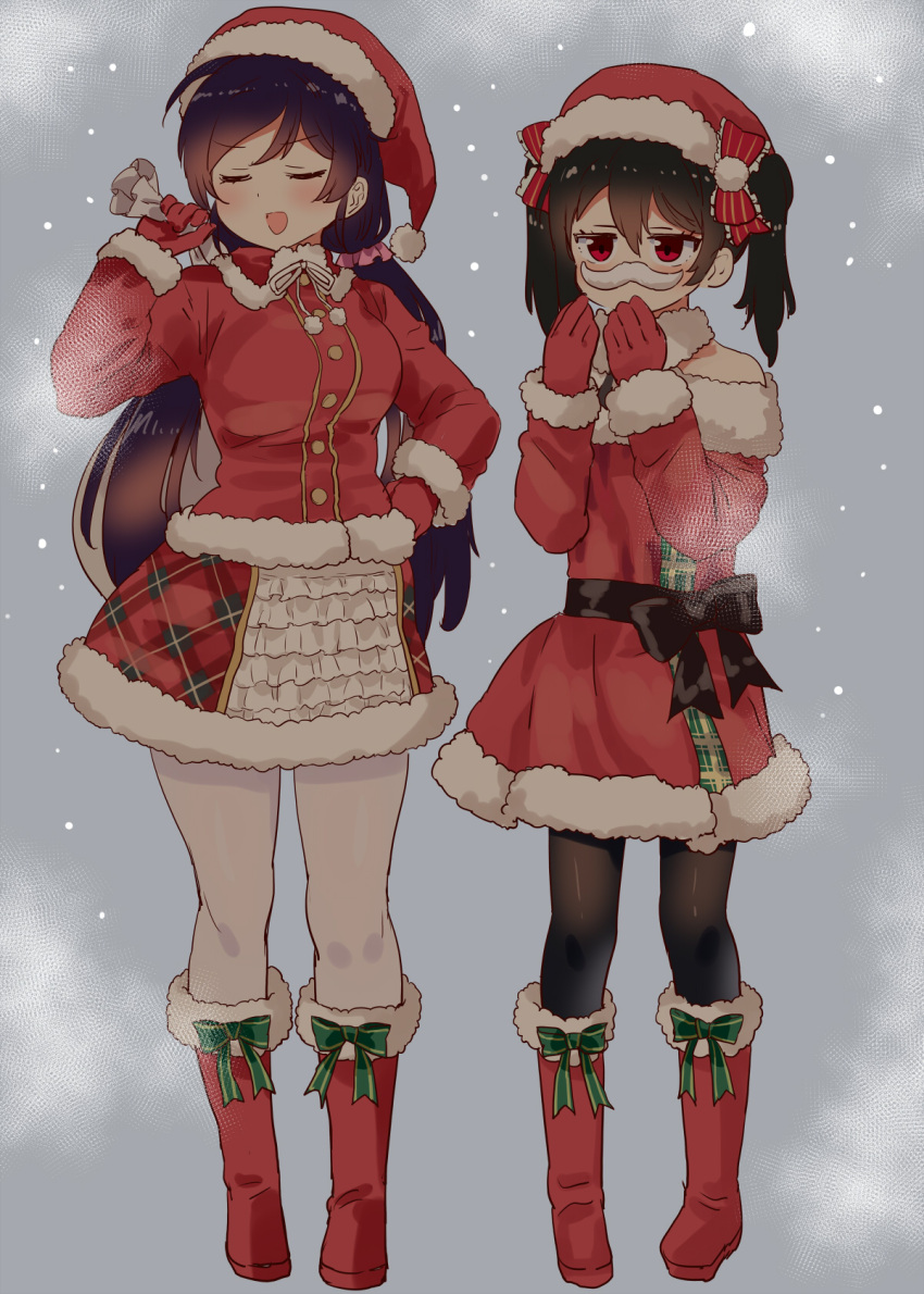 2girls bangs black_hair black_pantyhose boots closed_eyes dress fake_facial_hair fake_mustache fur-trimmed_boots fur-trimmed_dress fur_trim gloves hair_ornament hair_scrunchie hat highres kurokawa_makoto long_hair love_live! love_live!_school_idol_project low_twintails multiple_girls pantyhose parted_bangs purple_hair red_dress red_eyes red_footwear red_gloves red_headwear santa_hat scrunchie standing swept_bangs toujou_nozomi twintails white_pantyhose yazawa_nico