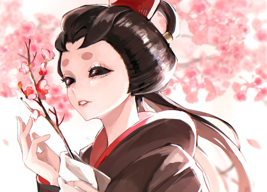 1girl black_eyes black_hair black_kimono blurry blurry_background branch cherry_blossoms comb falling_petals flower hair_ornament hair_pulled_back hair_rings handkerchief highres hikimayu hoge_(n8sss) holding holding_branch identity_v japanese_clothes kimono long_hair looking_at_flowers michiko_(identity_v) parted_lips petals pink_flower solid_eyes solo upper_body