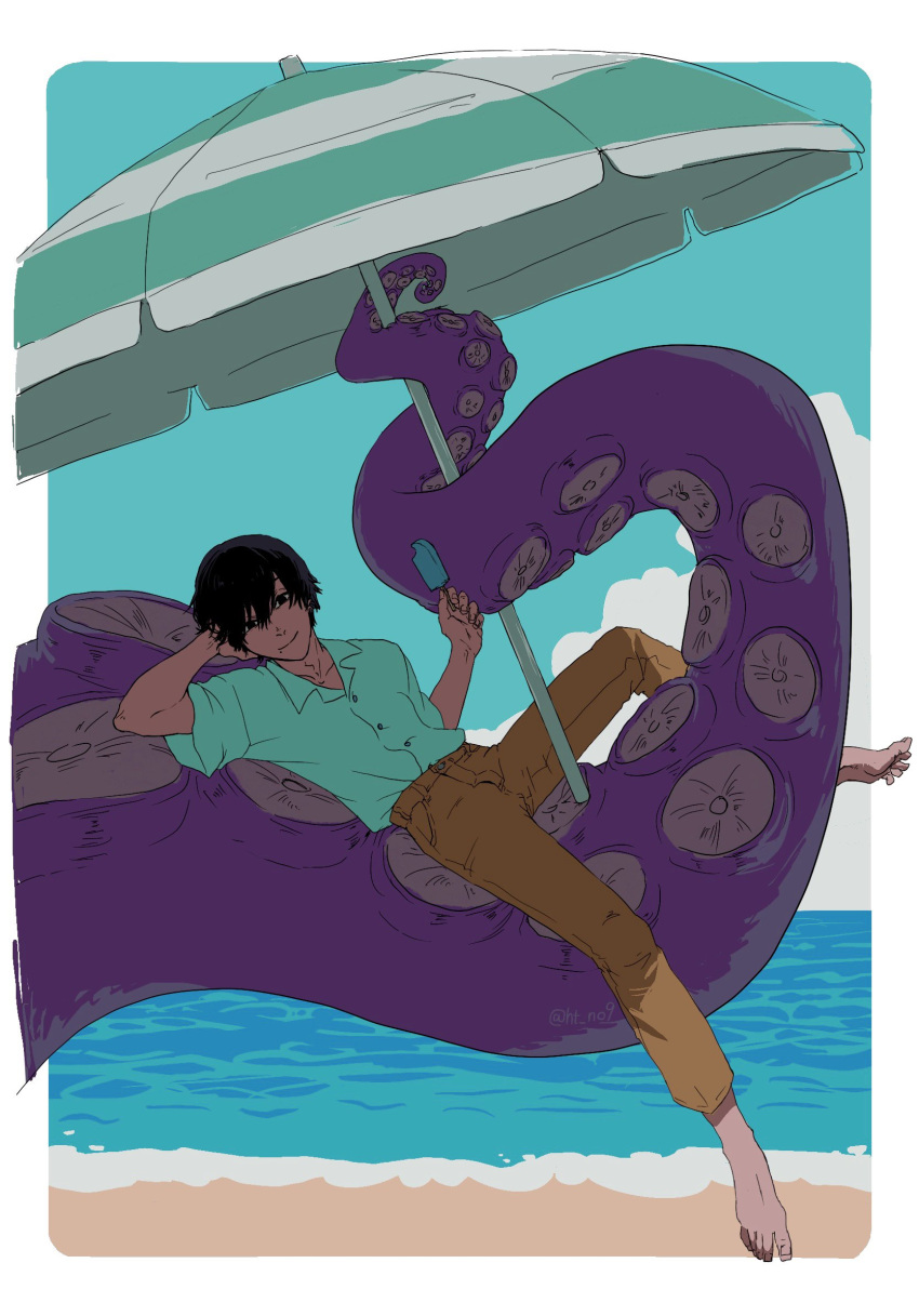 1boy 1other bangs beach black_hair brown_pants chainsaw_man collared_shirt head_rest highres ht_no9 looking_at_viewer mole mole_under_mouth octopus_devil_(chainsaw_man) outdoors pants shadow shirt shirt_tucked_in short_hair sitting_on_tentacle smile solo_focus tentacles umbrella white_shirt yoshida_hirofumi