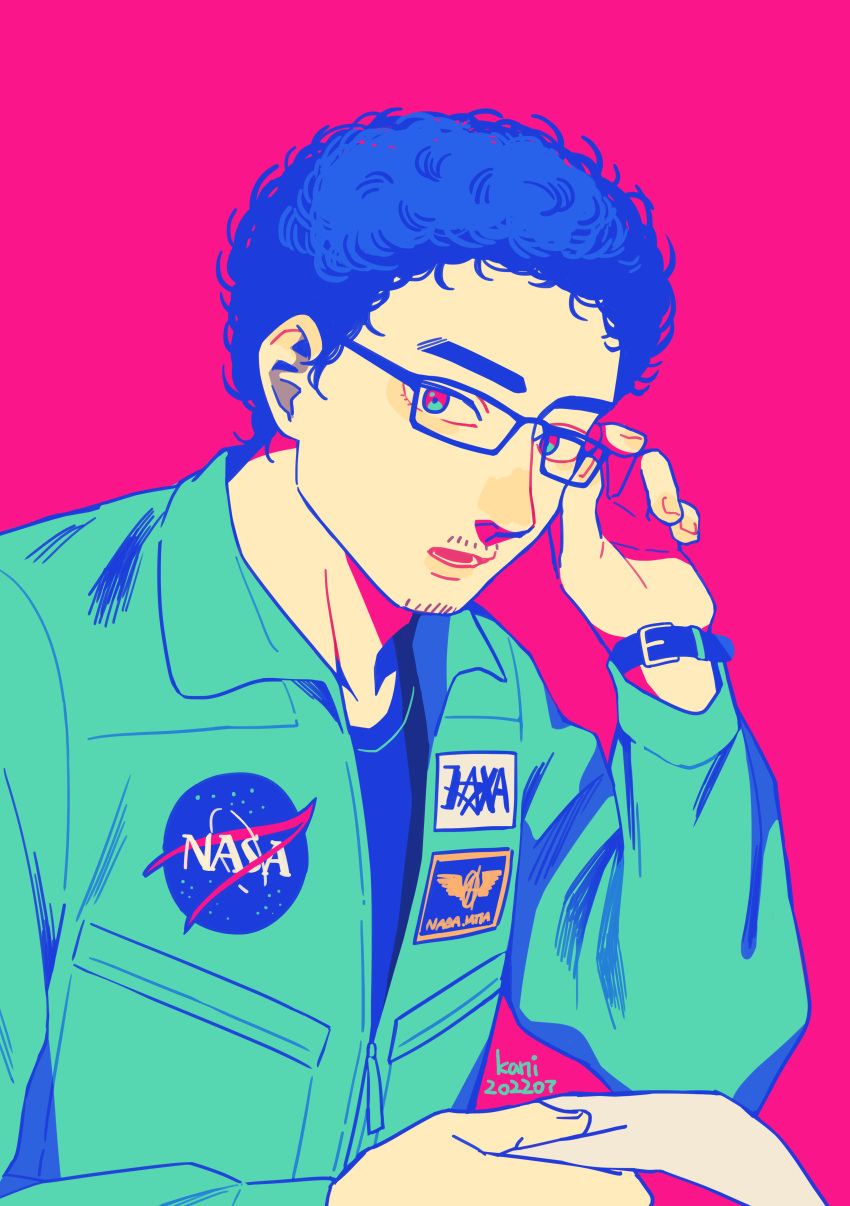 1boy absurdres adjusting_eyewear blue_hair facial_hair glasses highres holding holding_paper jaxa kani6850 long_sleeves looking_at_viewer male_focus nanba_mutta nasa_logo paper pink_background solo stubble uchuu_kyoudai uniform upper_body watch wristwatch