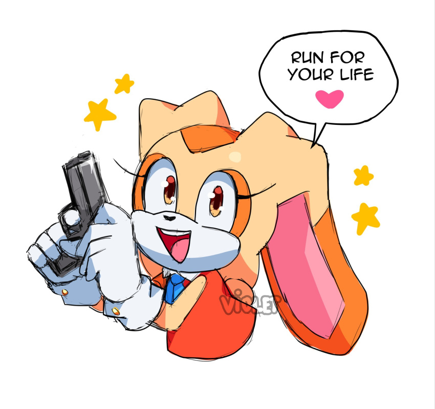 &lt;3 2022 amber_eyes anthro biped black_nose clothed clothed_anthro clothed_female clothing countershading cream_the_rabbit dialogue digital_media_(artwork) dress english_text female female_anthro floppy_ears gloves gun half-length_portrait handgun handwear hi_res holding_gun holding_handgun holding_object holding_weapon lagomorph leporid long_ears looking_at_viewer lop_ears mammal open_mouth pink_tongue pistol portrait rabbit ranged_weapon red_clothing red_dress sega simple_background sleeveless_dress solo sonic_the_hedgehog_(series) speech_bubble talking_to_viewer tan_body tan_skin teeth text tongue violetmadness7 weapon white_background white_body white_clothing white_countershading white_gloves white_handwear