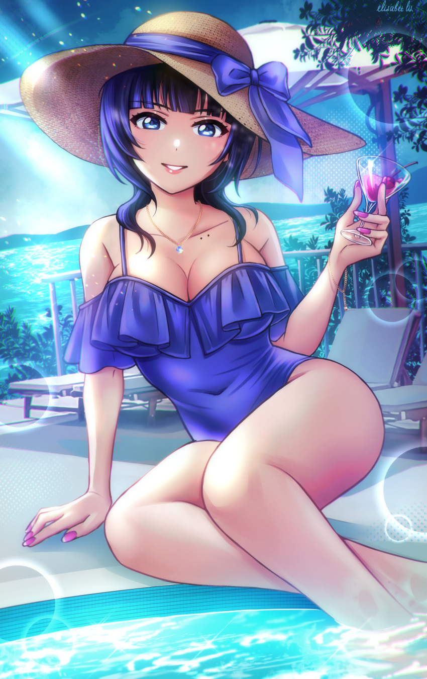 1girl absurdres arm_support artist_name asaka_karin bangs blue_bow blue_eyes blue_hair blue_one-piece_swimsuit blunt_bangs bow breasts brown_headwear cleavage cocktail_glass collarbone cup dark_blue_hair drink drinking_glass english_commentary feet_out_of_frame frilled_one-piece_swimsuit frilled_swimsuit frills grin hair_over_shoulder hat hat_bow highres holding holding_drink large_breasts legs lens_flare lili_messaina looking_at_viewer love_live! love_live!_nijigasaki_high_school_idol_club medium_hair mole mole_on_collarbone nail_polish one-piece_swimsuit outdoors poolside purple_nails sitting smile soaking_feet solo sun_hat swimsuit teeth thighs yokozuwari