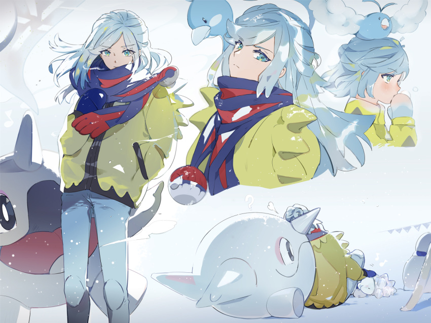 1boy aged_down altaria androgynous blue_eyes blue_hair blue_mittens cetoddle grusha_(pokemon) jacket long_hair long_sleeves looking_at_viewer mittens multiple_views pants pokemon pokemon_(creature) pokemon_(game) pokemon_sv scarf scarf_over_mouth snom striped striped_scarf suou swablu two-tone_scarf yellow_jacket