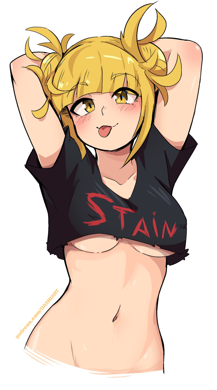 1girl absurdres arms_behind_head arms_up bangs black_shirt blonde_hair blunt_bangs blush boku_no_hero_academia bottomless breasts clothes_writing collarbone commentary covered_nipples dashi double_bun english_text groin hair_bun highres medium_breasts messy_hair navel no_bra out-of-frame_censoring shiny shiny_hair shirt short_sleeves simple_background solo toga_himiko tongue tongue_out underboob yellow_eyes