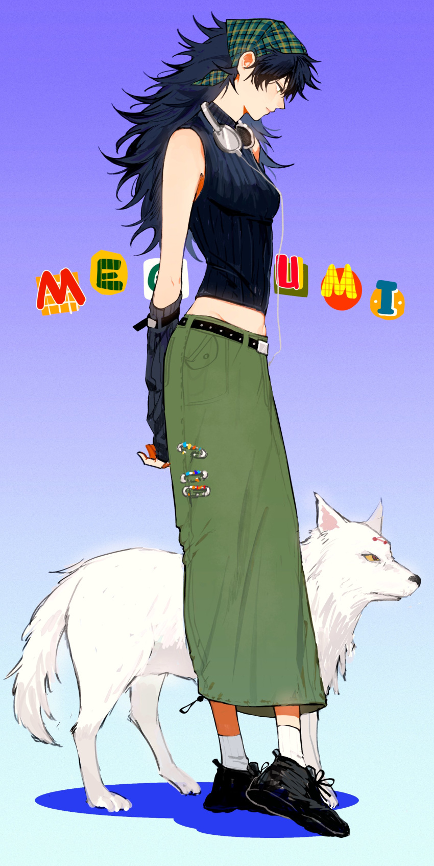 1girl absurdres arm_warmers bandana bangs belt black_footwear black_hair breasts character_name closed_mouth dog full_body fushiguro_megumi genderswap genderswap_(mtf) green_eyes green_skirt headphones headphones_around_neck highres jujutsu_kaisen li_chestnuts long_hair long_skirt medium_breasts midriff shadow shoes skirt sleeveless sleeveless_turtleneck socks standing turtleneck white_socks