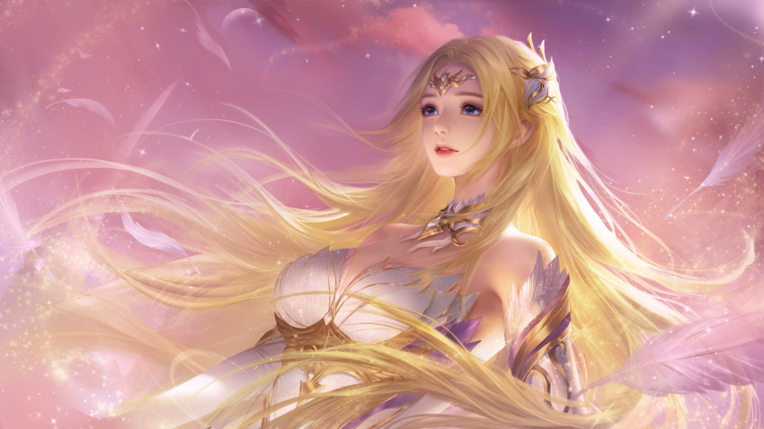 1girl absurdres bare_shoulders blonde_hair blue_eyes cloud detached_collar detached_sleeves donggua_pipi douluo_dalu dress dusk dutch_angle falling_feathers hair_ornament highres long_hair medium_hair parted_lips qian_renxue_(douluo_dalu) second-party_source shiny shiny_hair solo sparkle teeth upper_body white_dress