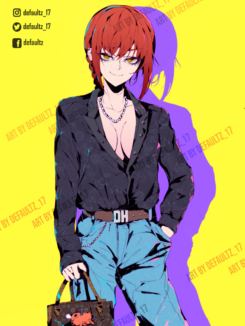 1girl absurdres artist_name bag belt belt_buckle black_shirt blue_pants breasts buckle chainsaw_man cleavage collarbone cowboy_shot defaultz earrings hand_in_pocket highres holding holding_bag hoop_earrings jewelry makima_(chainsaw_man) necklace pants partially_unbuttoned pearl_necklace red_hair shadow shirt sidelocks streetwear yellow_background yellow_eyes