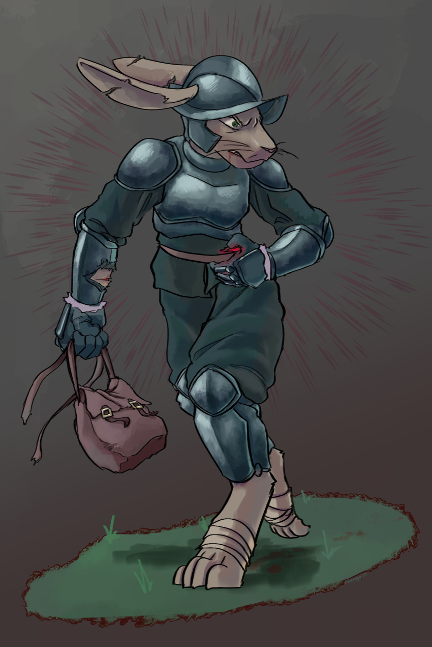 absurd_res anthro armor bag bandage blood bodily_fluids frown gradient_background greaves hi_res hunched_over lagomorph leporid male mammal painting_(artwork) plate_armor rabbit revertigo scar scowl scrunchy_face shadow simple_background solo traditional_media_(artwork) wounded