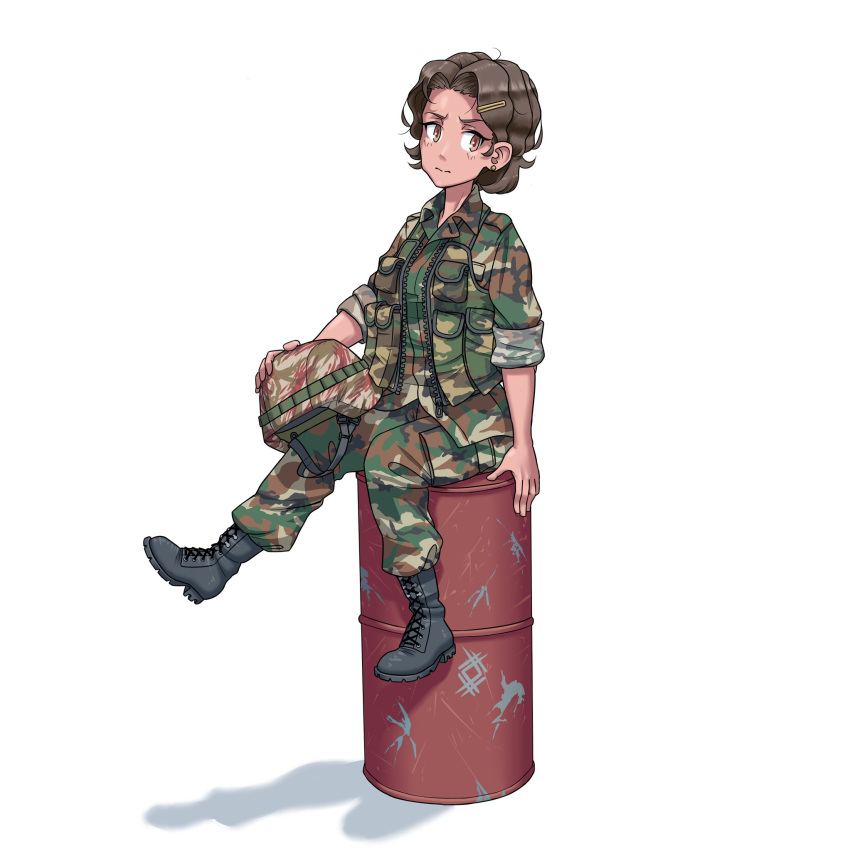 1girl ammunition_pouch arm_at_side arm_rest artist_logo black_footwear boots brown_eyes brown_hair camouflage camouflage_headwear camouflage_jacket cargo_pants chin_strap collared_jacket combat_boots combat_helmet commentary cross-laced_footwear dark-skinned_female dark_skin drum_(container) earrings english_commentary full_body hair_between_eyes hair_ornament hairclip headwear_removed helmet helmet_removed highres holding holding_helmet jacket jewelry load_bearing_vest looking_to_the_side military military_jacket military_uniform multicolored_clothes multicolored_jacket multicolored_pants multicolored_vest no_bangs original ostwindprojekt pants pants_tucked_in parted_hair pocket pouch scratches shadow short_hair signature simple_background sitting sitting_on_object sleeves_rolled_up solo stud_earrings syria syrian_civil_war uniform white_background woodland_camouflage zipper