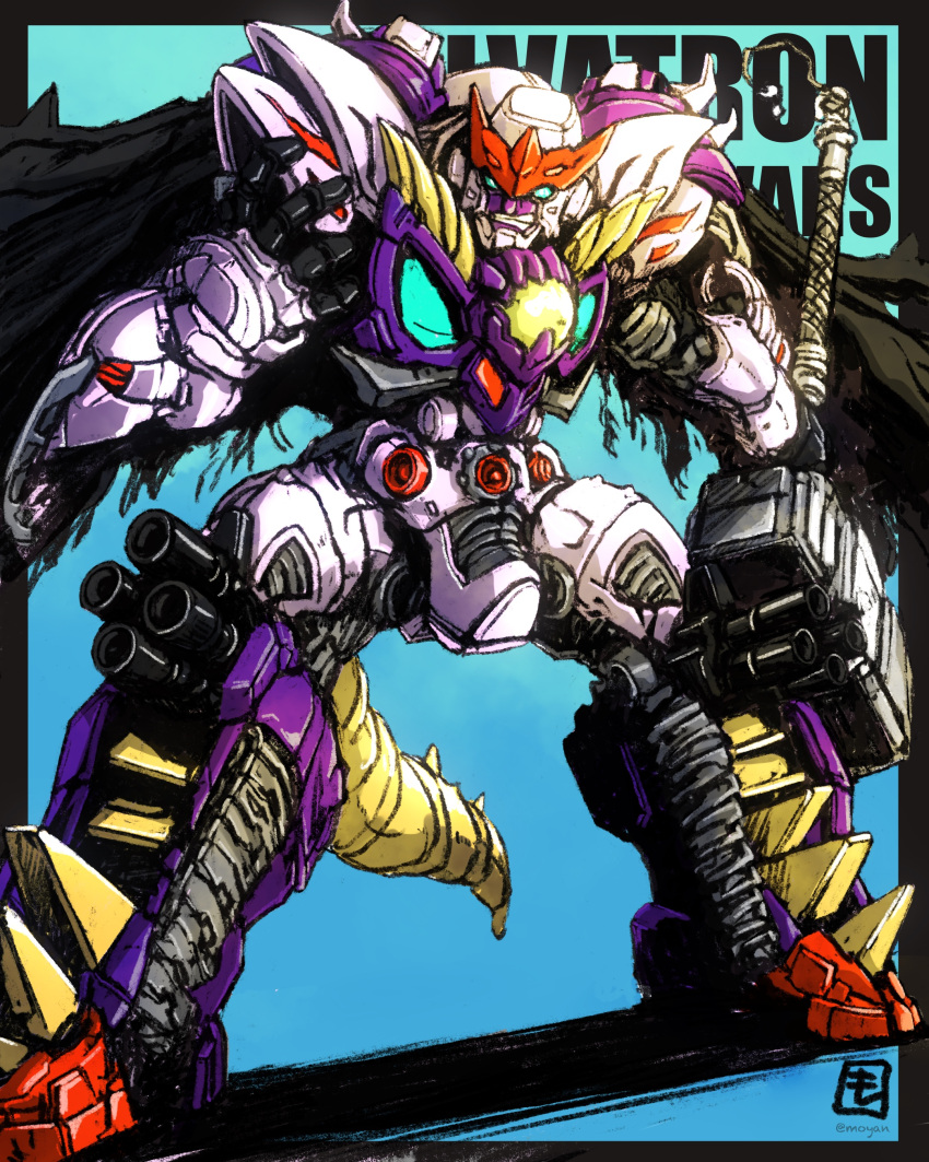 absurdres background_text beast_wars beast_wars_ii black_border black_cape blue_eyes border cape character_name clenched_teeth copyright_name galvatron gradient gradient_background hammer hand_up highres holding holding_hammer holding_weapon mecha moyan open_hand outside_border predacon robot science_fiction shadow solo standing tail teeth transformers weapon